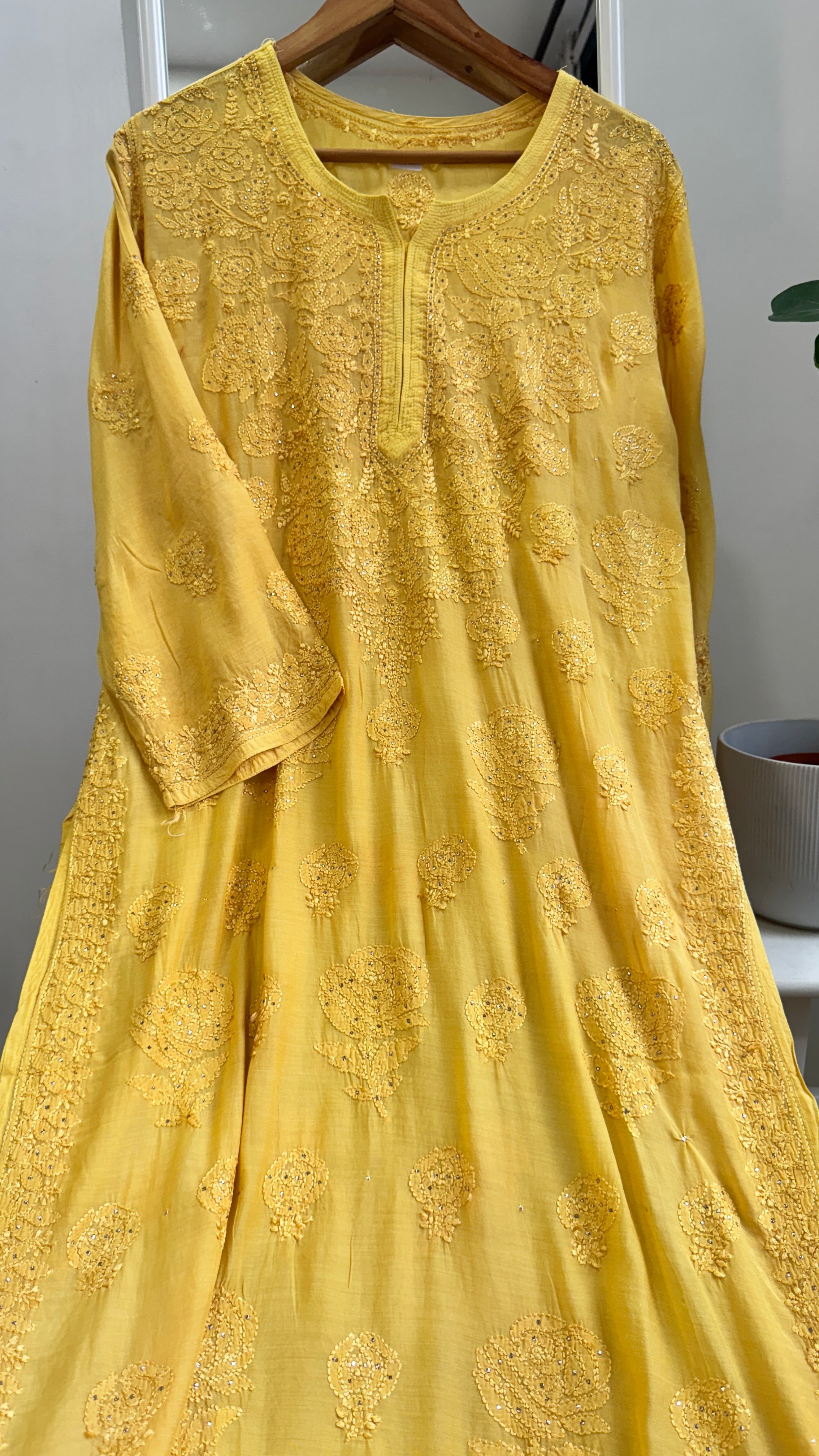 Muslin Chikankari Kurti with Mukaish work - Canary Yellow