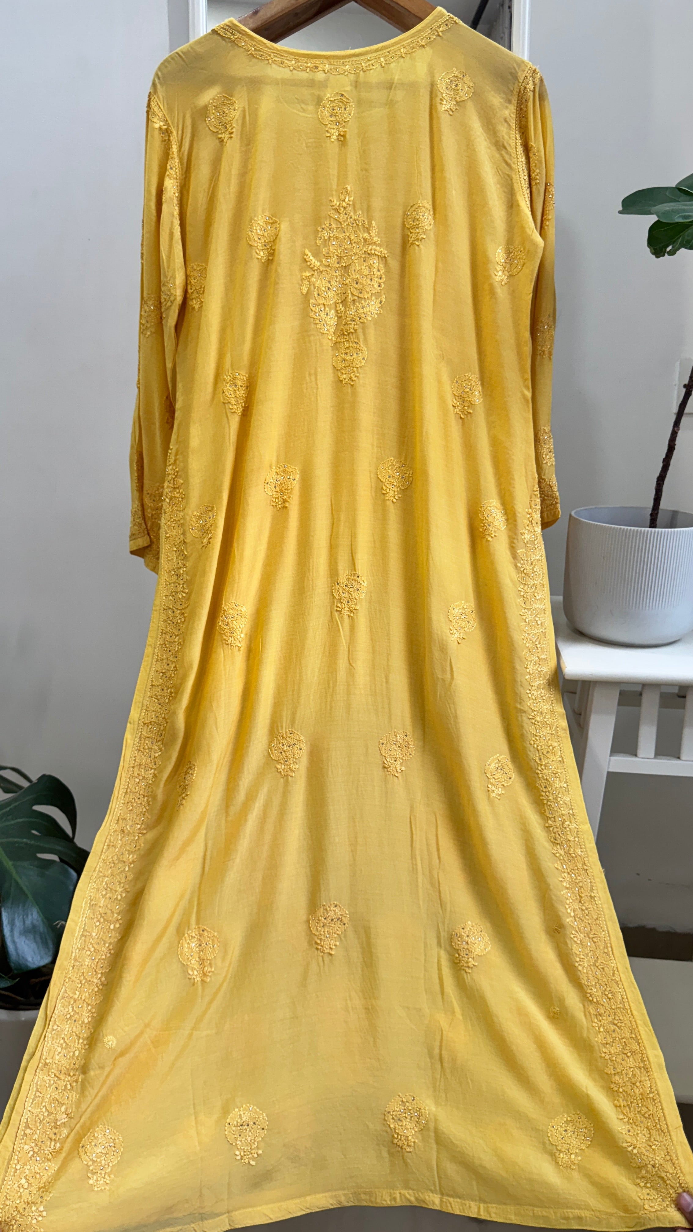 Muslin Chikankari Kurti with Mukaish work - Canary Yellow