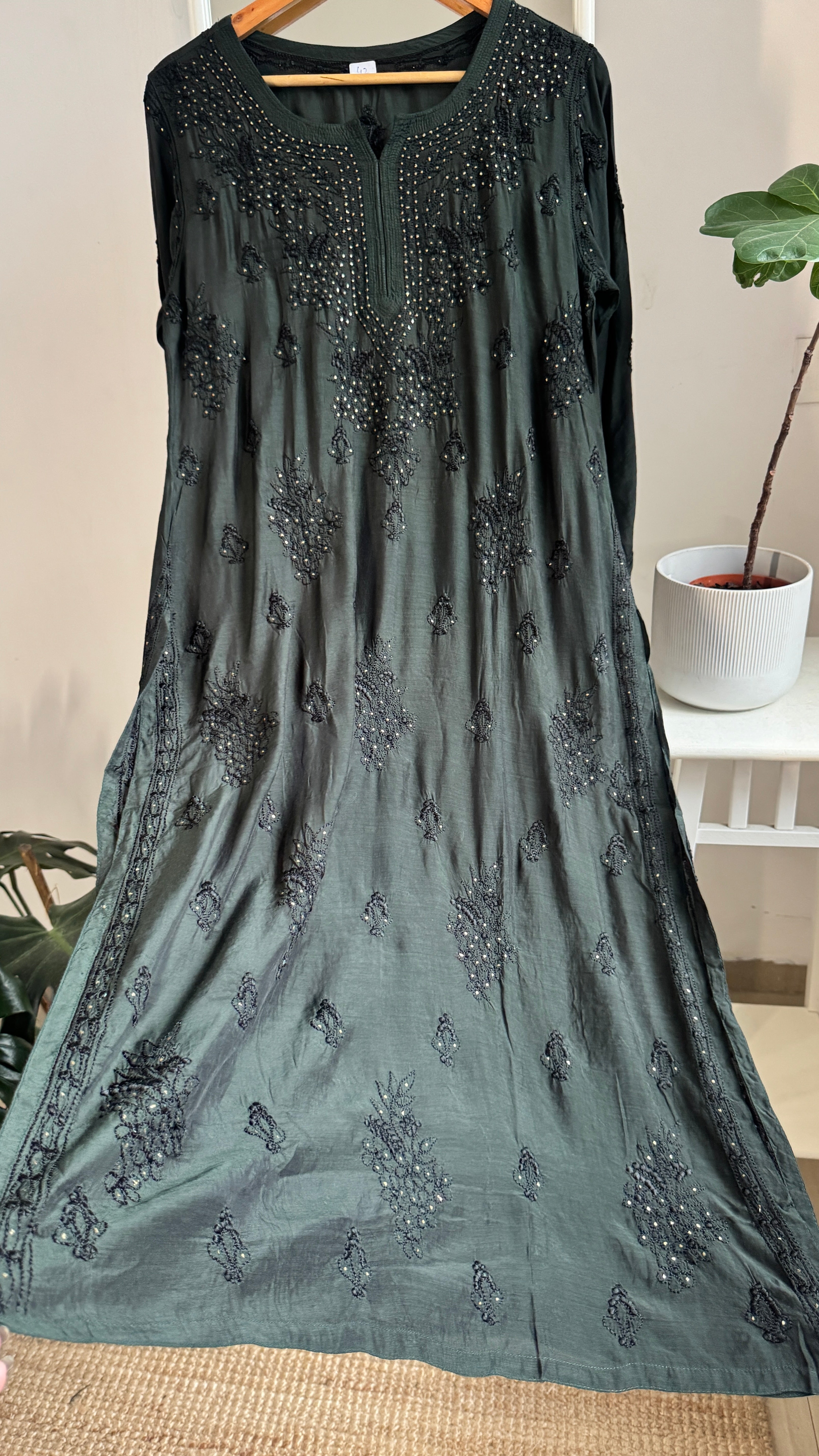 Muslin Chikankari Kurti with Mukaish work - Bottle Green