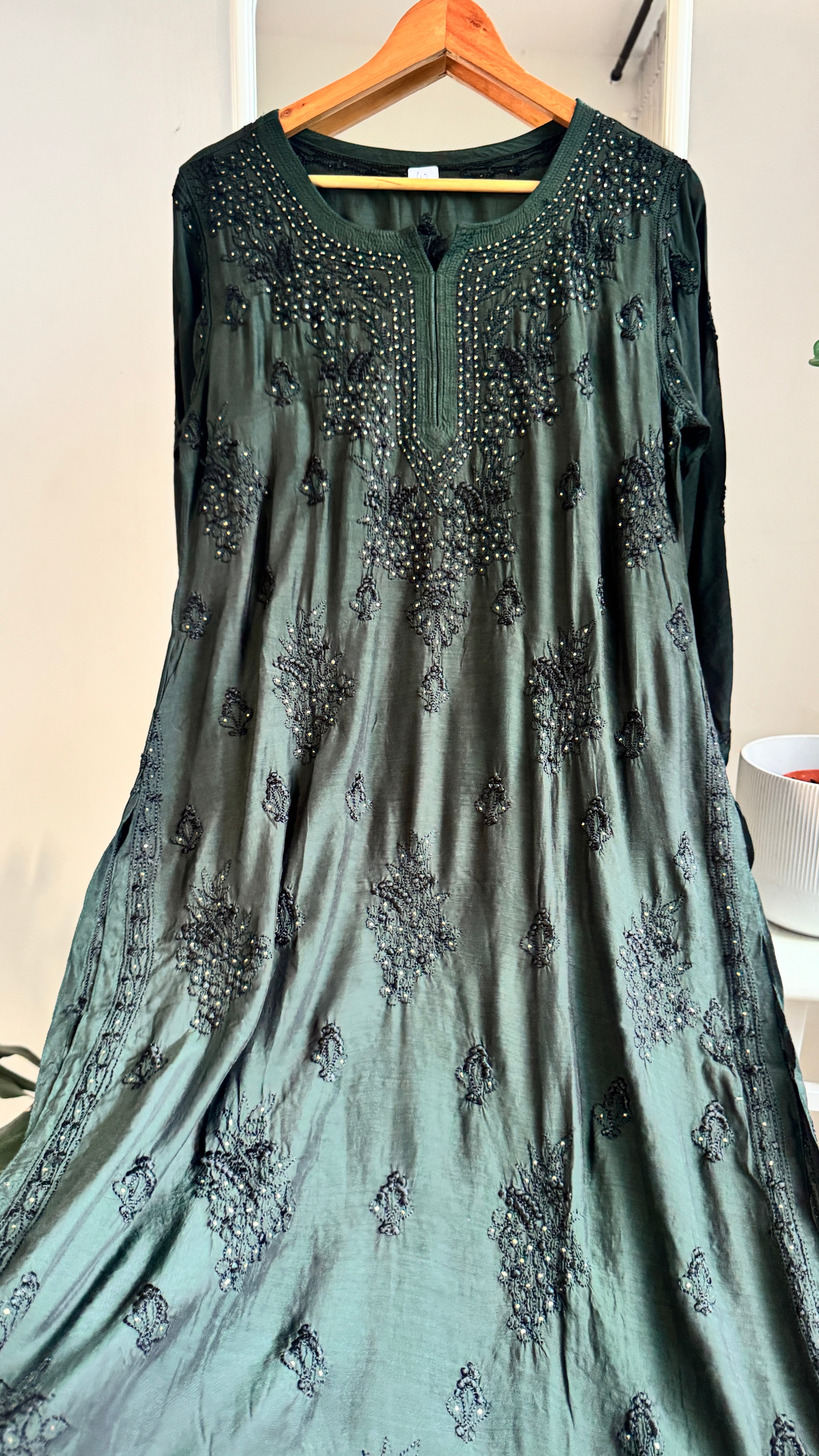 Muslin Chikankari Kurti with Mukaish work - Bottle Green