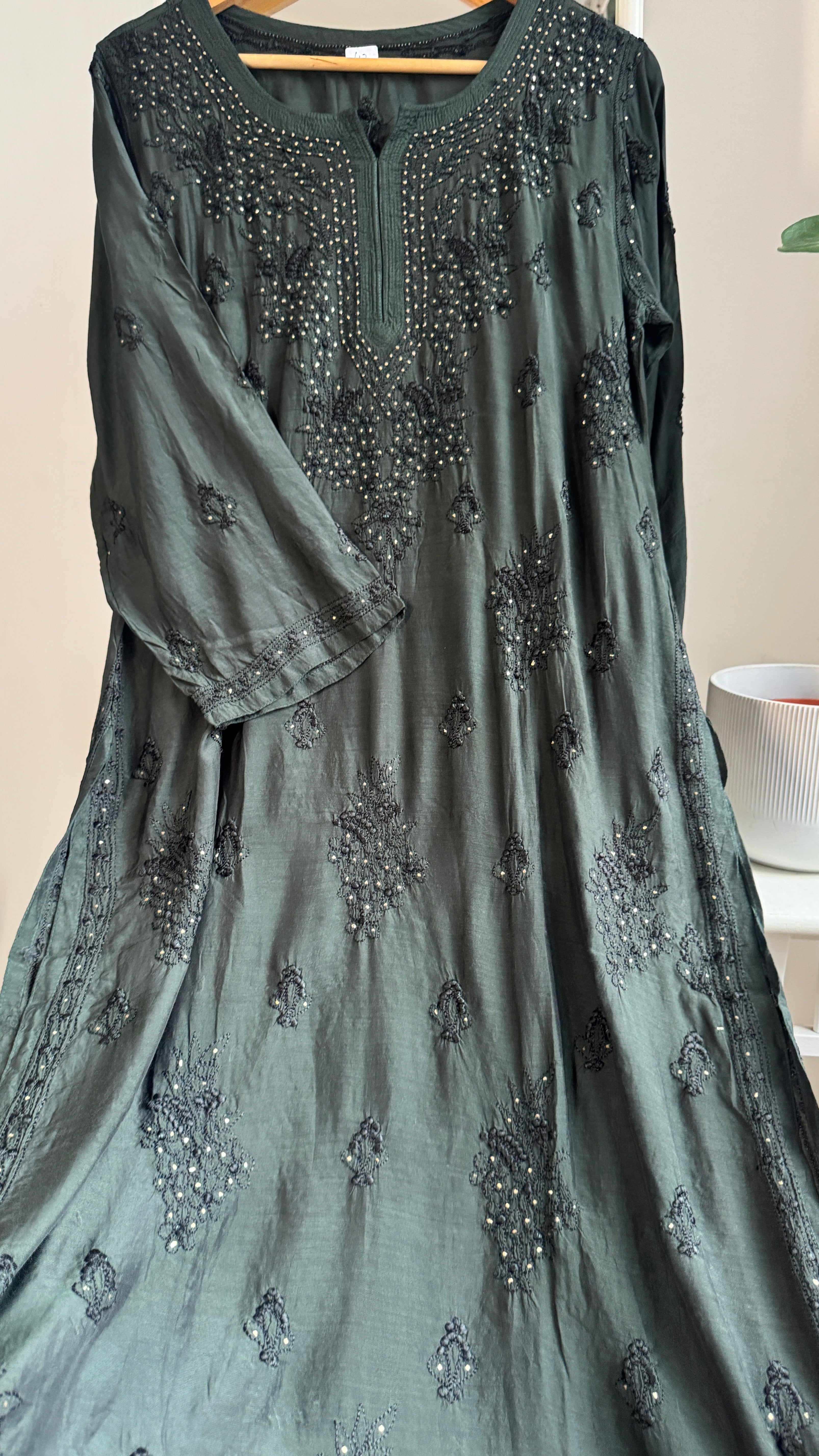 Muslin Chikankari Kurti with Mukaish work - Bottle Green
