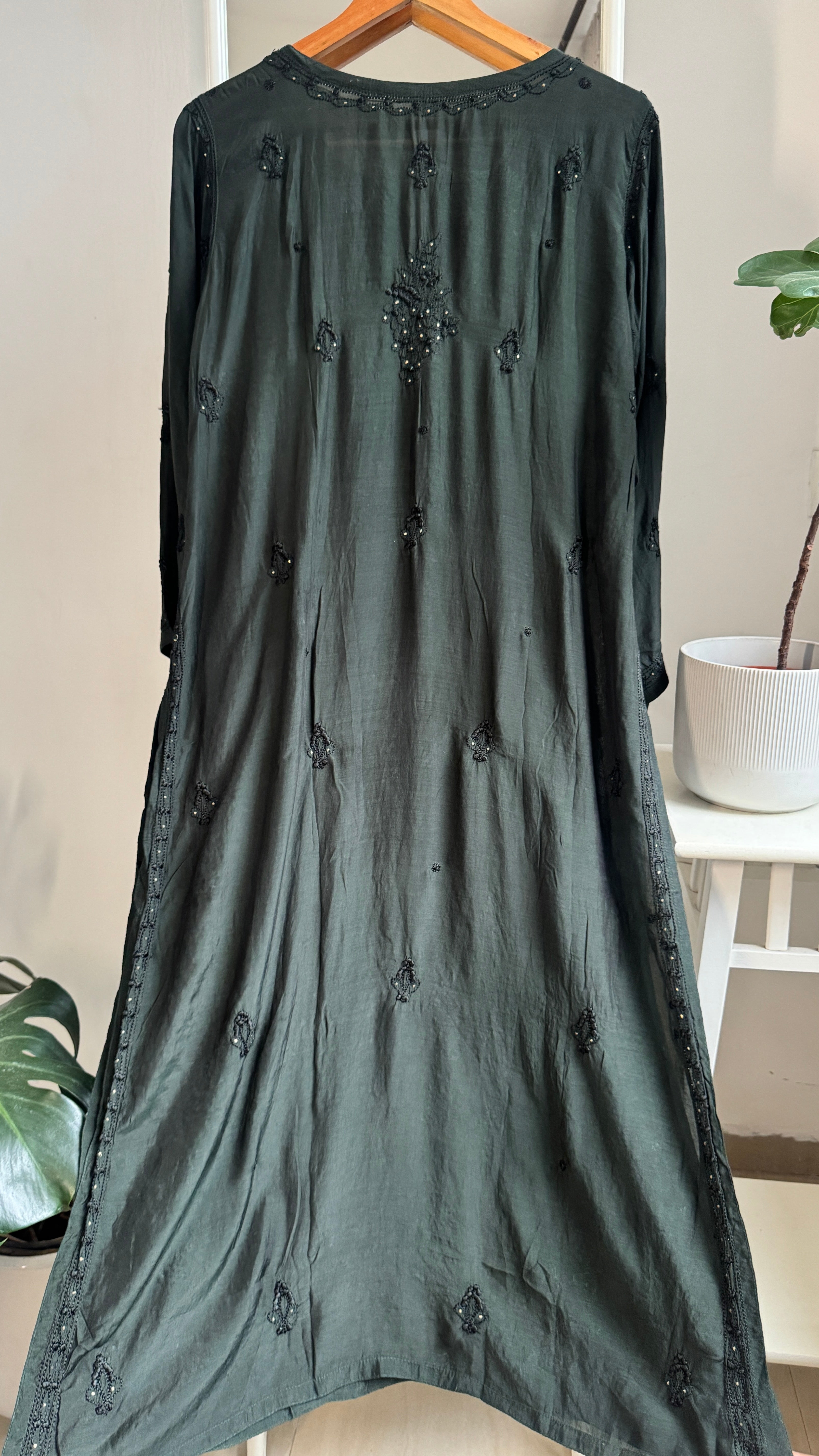 Muslin Chikankari Kurti with Mukaish work - Bottle Green