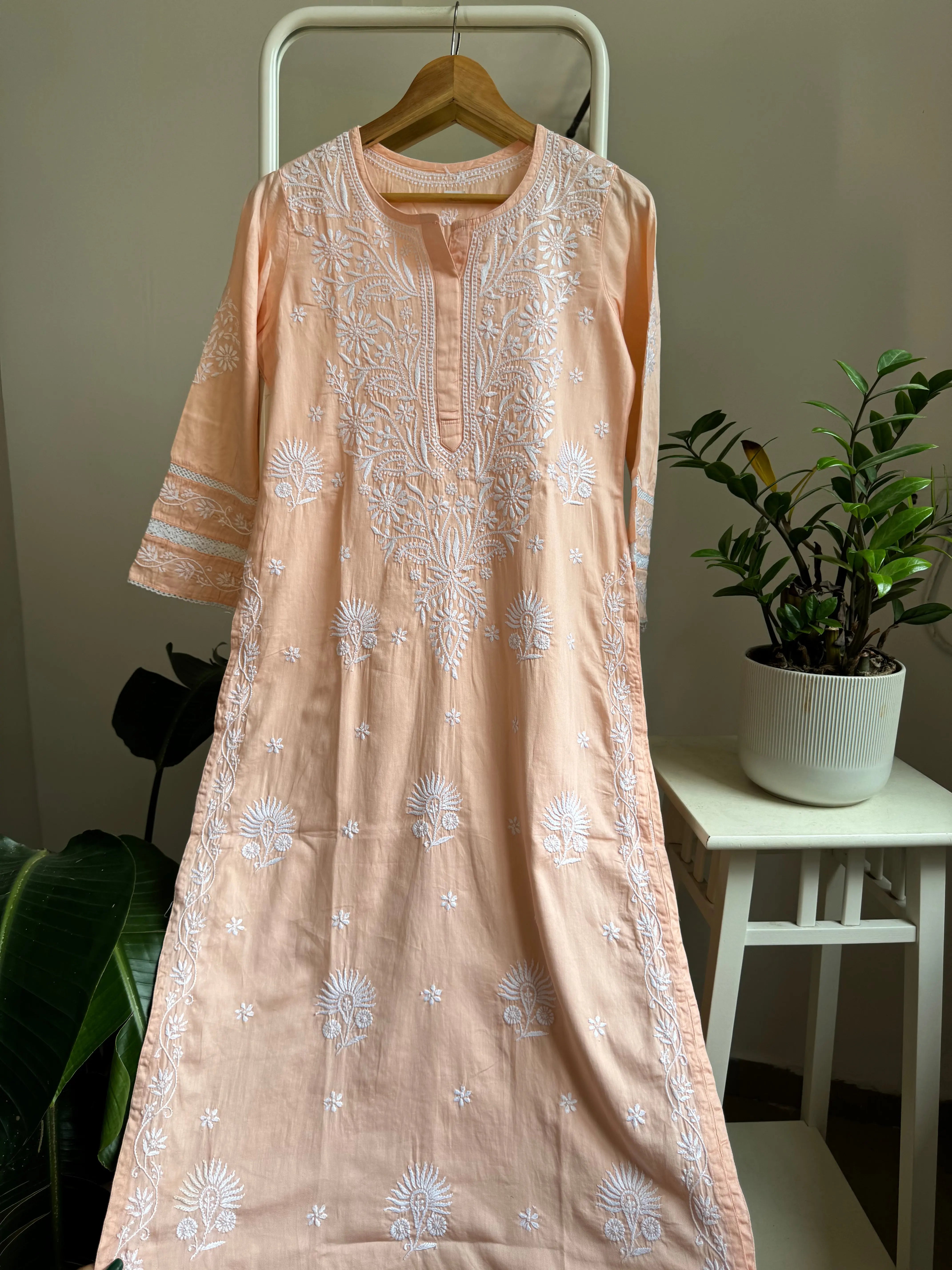 Cotton Chikankari Kurti -  Peach ARIAA CHIKANKARI 