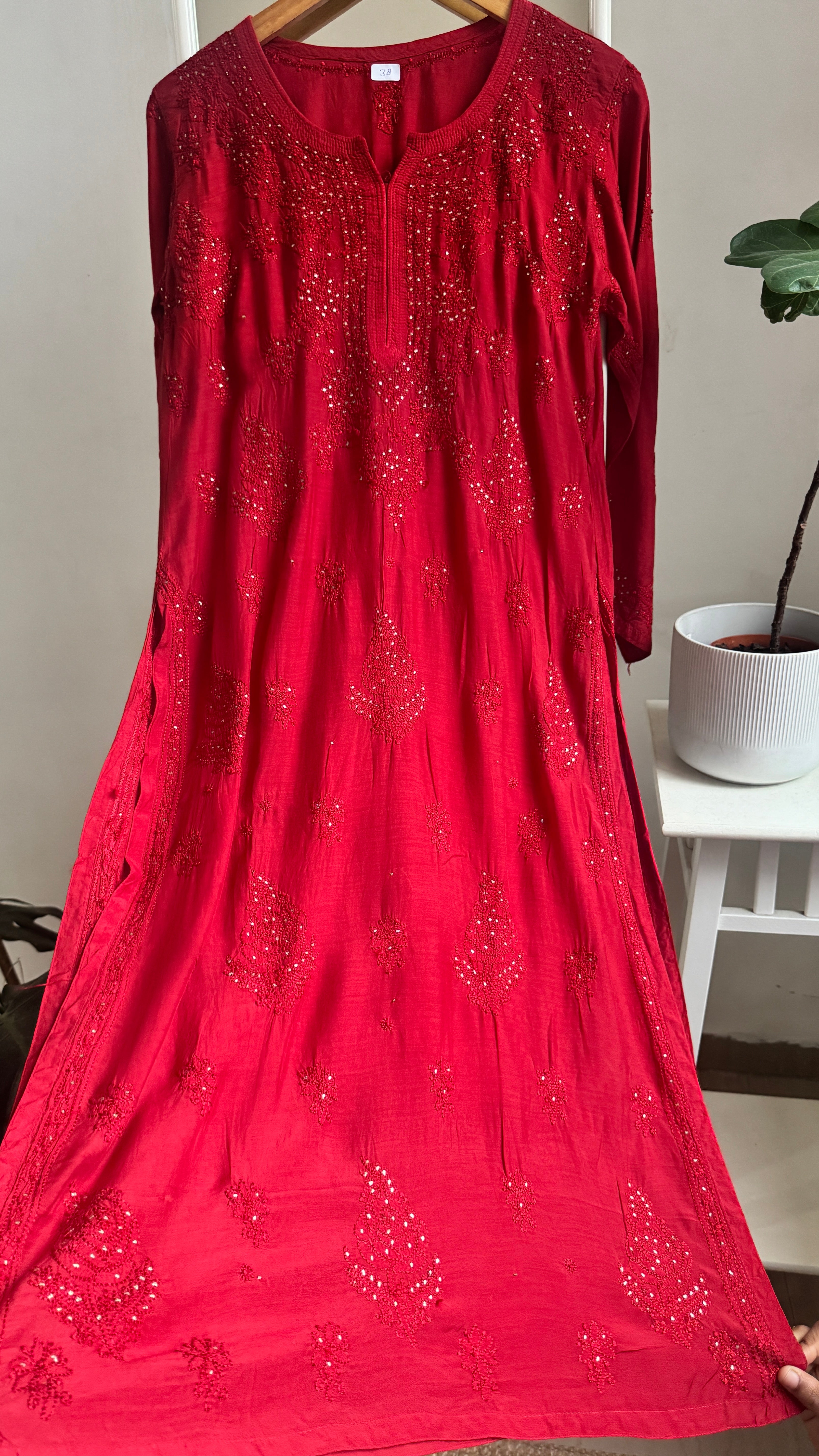 Muslin Chikankari Kurti with Mukaish work - Red