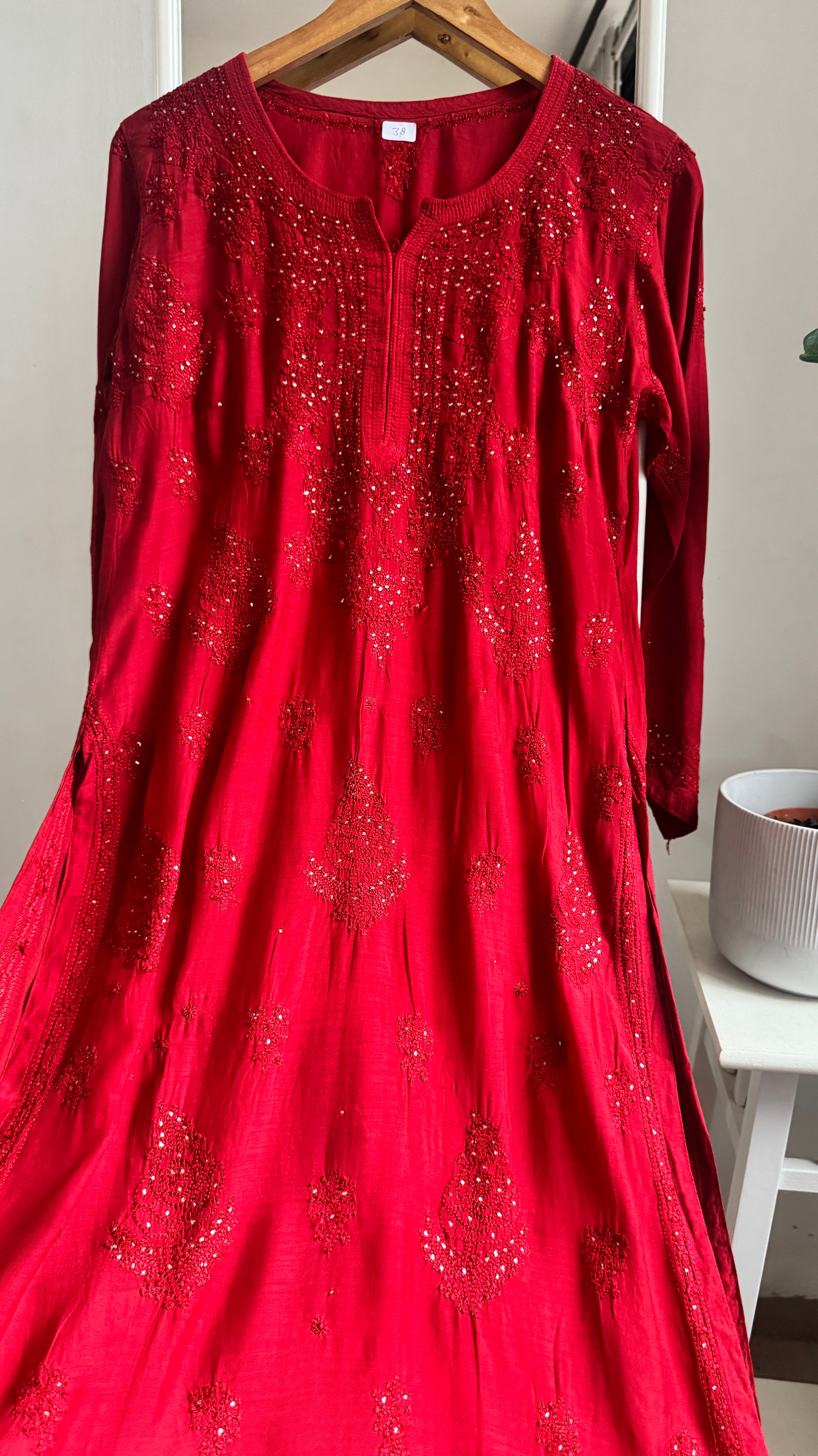 Muslin Chikankari Kurti with Mukaish work - Red