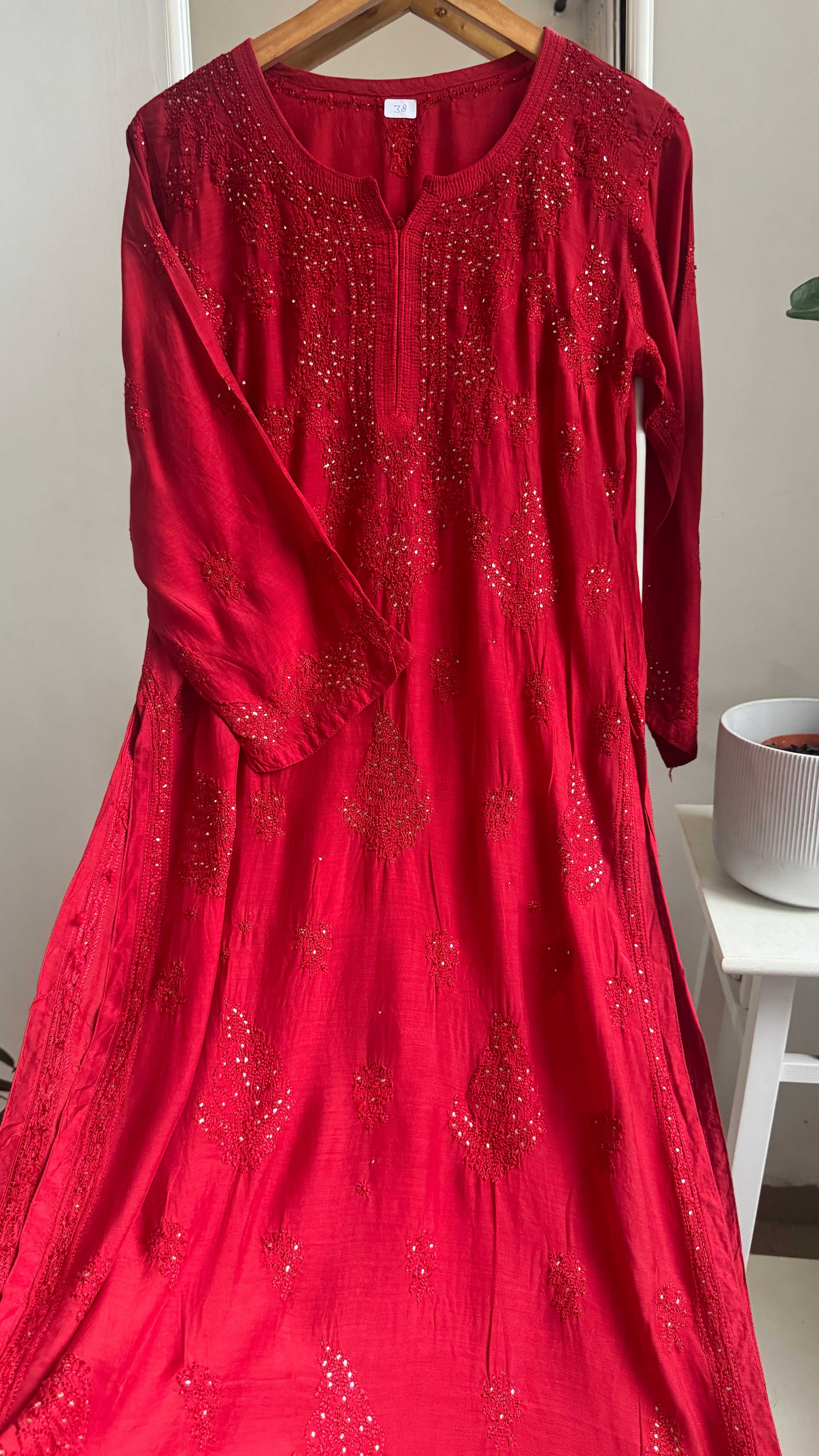 Muslin Chikankari Kurti with Mukaish work - Red