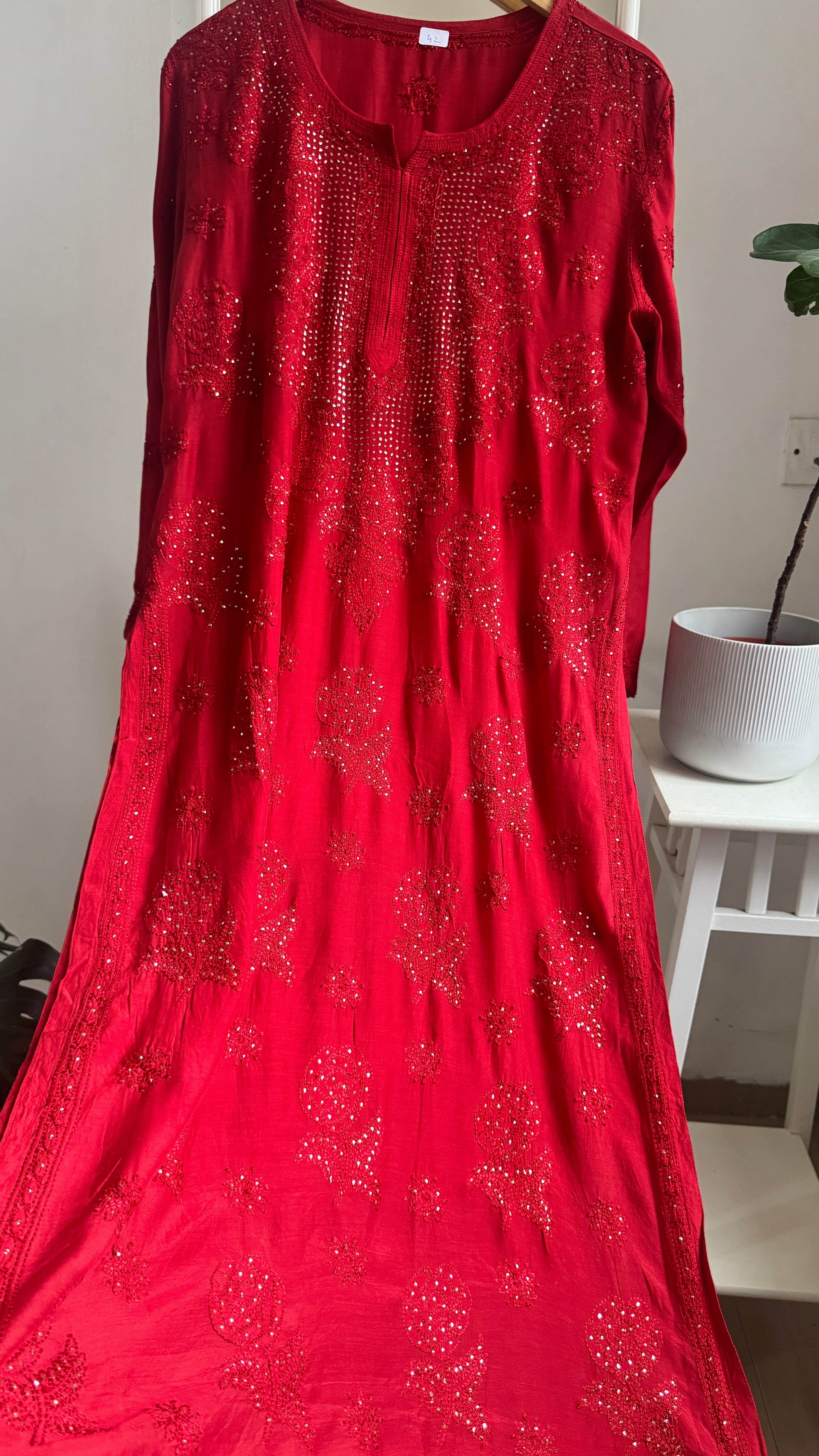 Muslin Chikankari Kurti with Mukaish work - Red