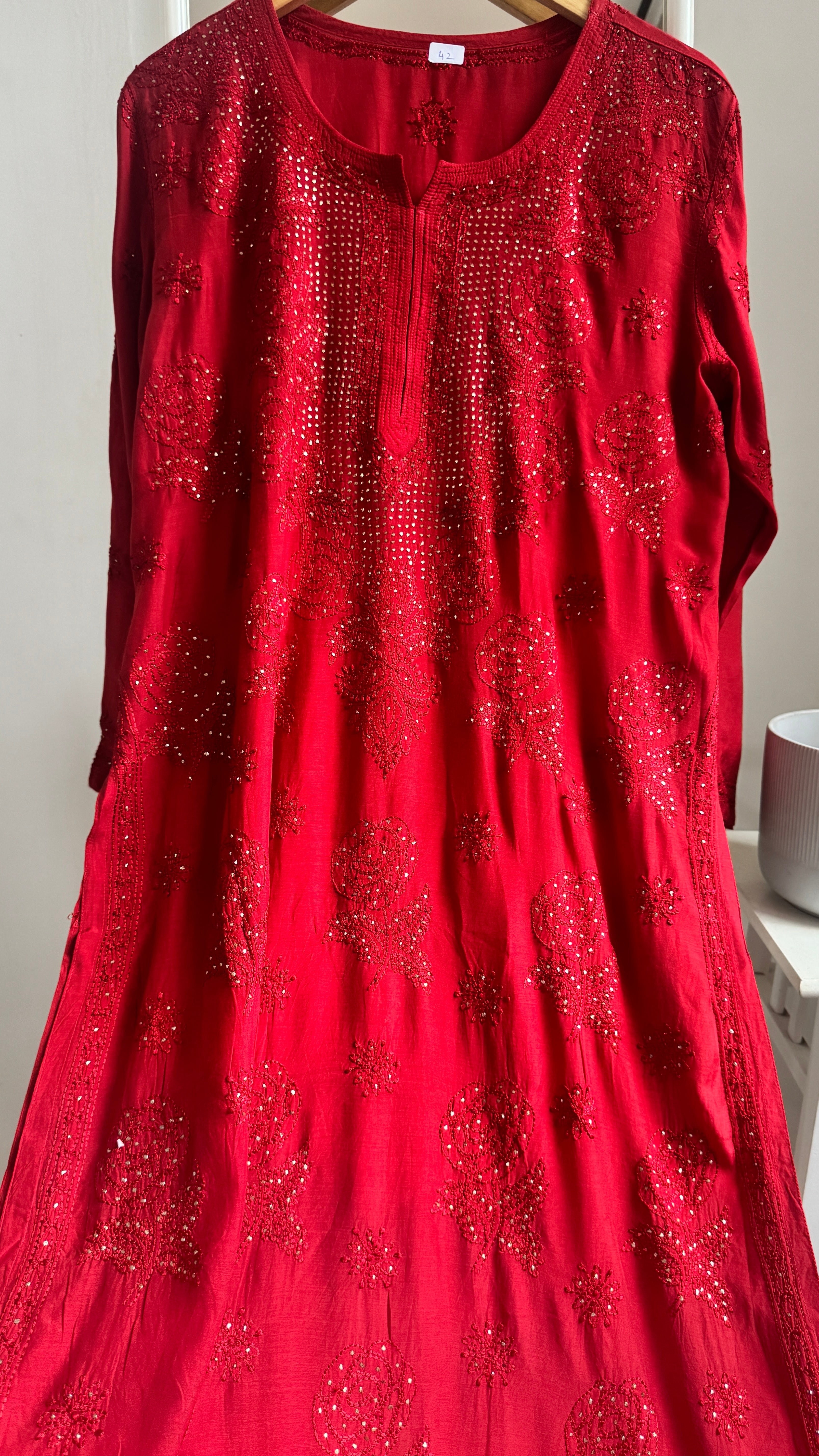 Muslin Chikankari Kurti with Mukaish work - Red