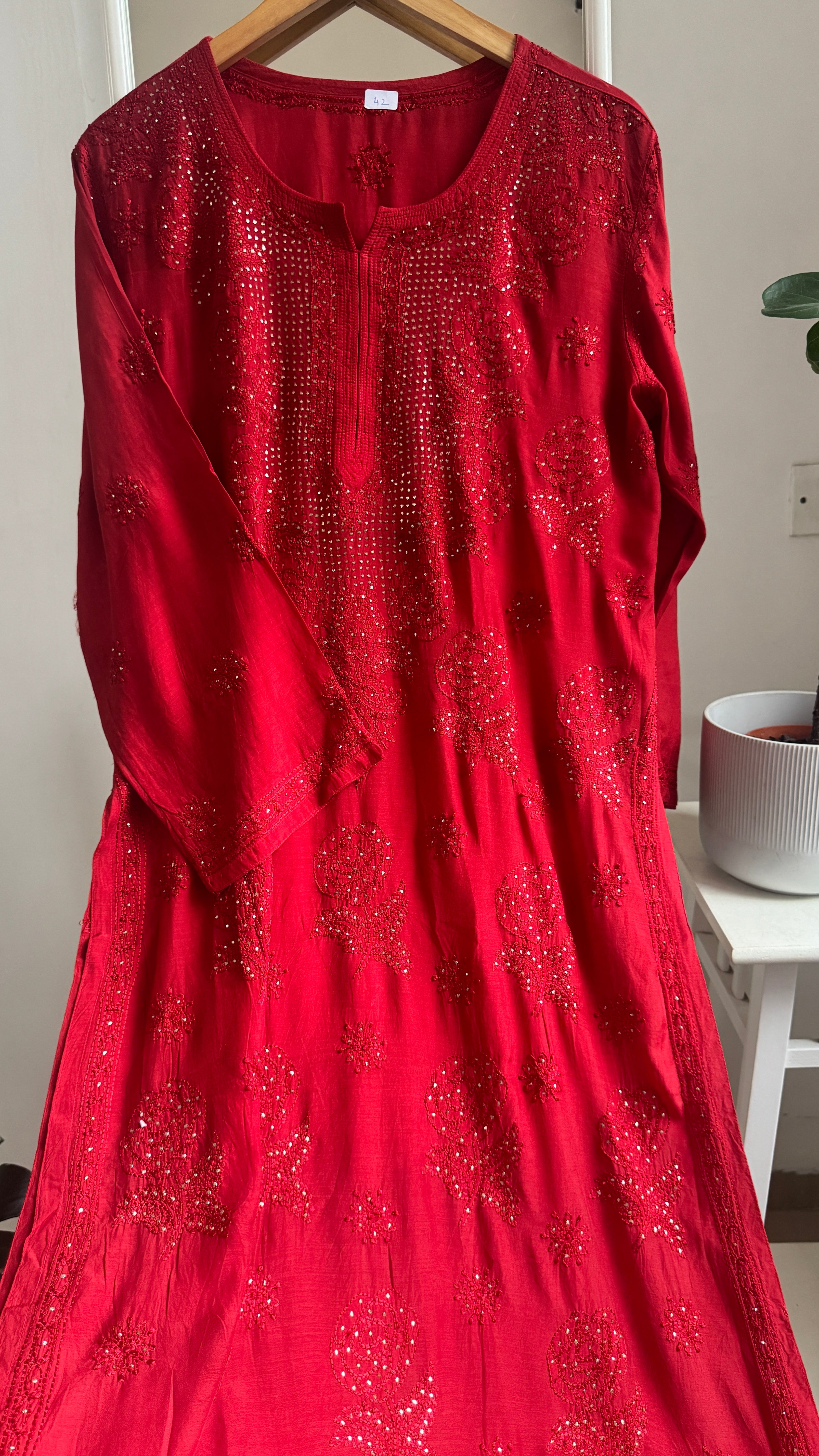 Muslin Chikankari Kurti with Mukaish work - Red