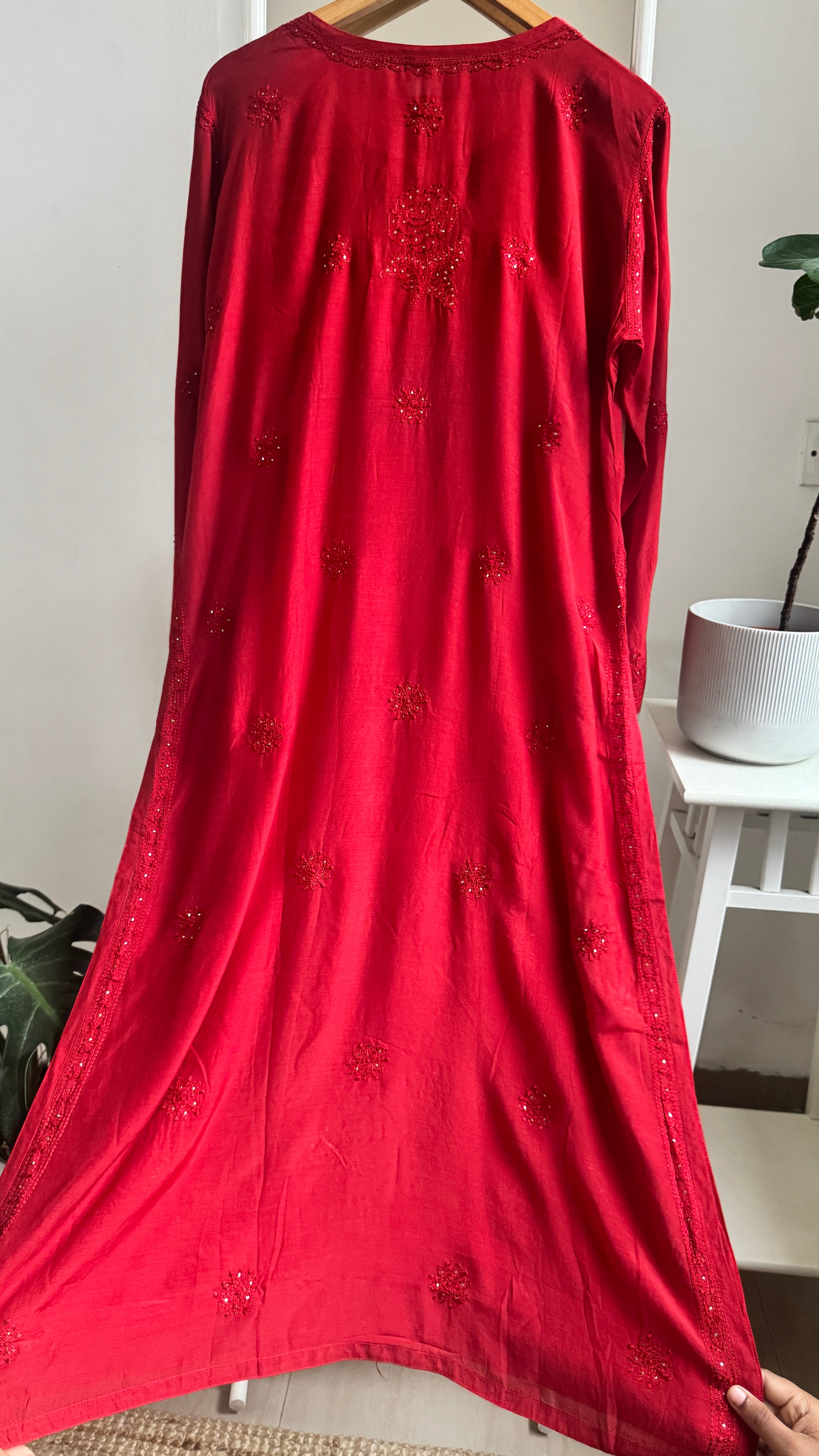 Muslin Chikankari Kurti with Mukaish work - Red