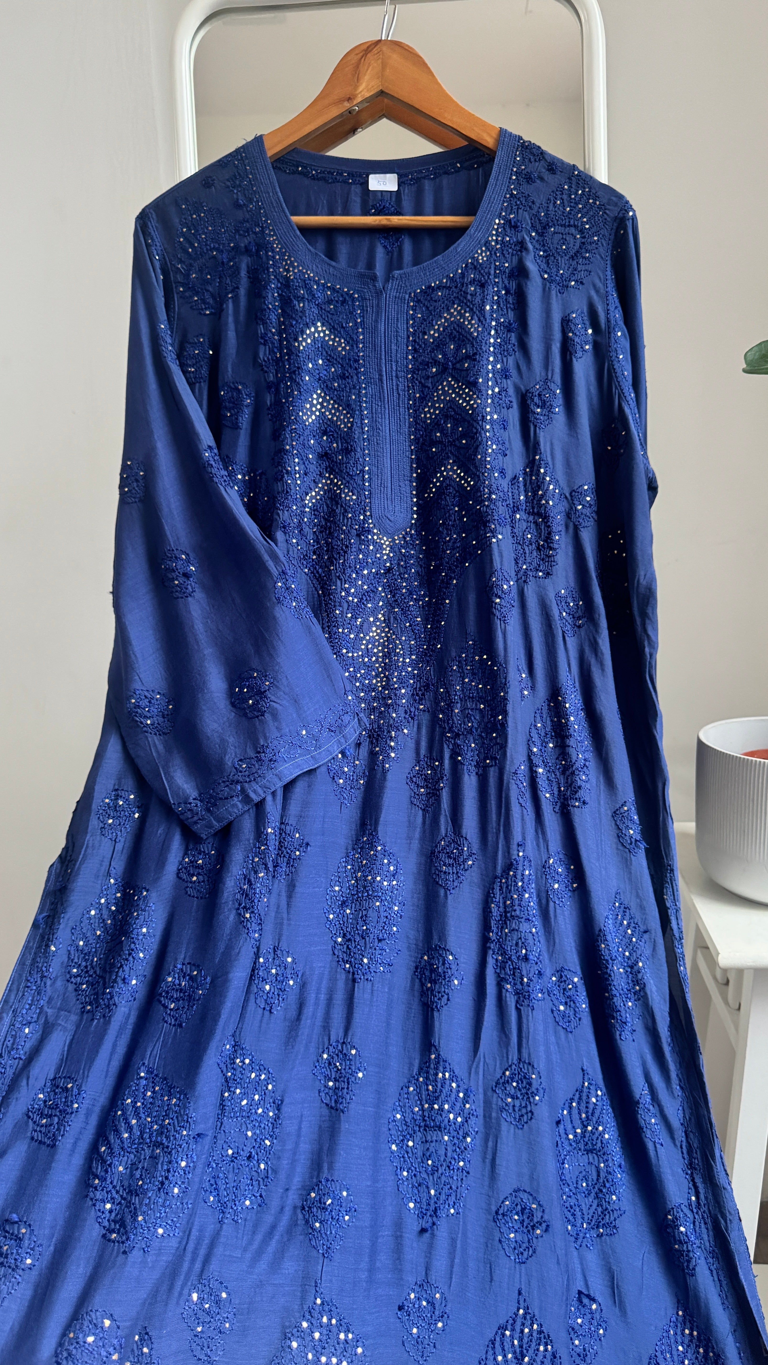 Muslin Chikankari Kurti with Mukaish work - Navy Blue