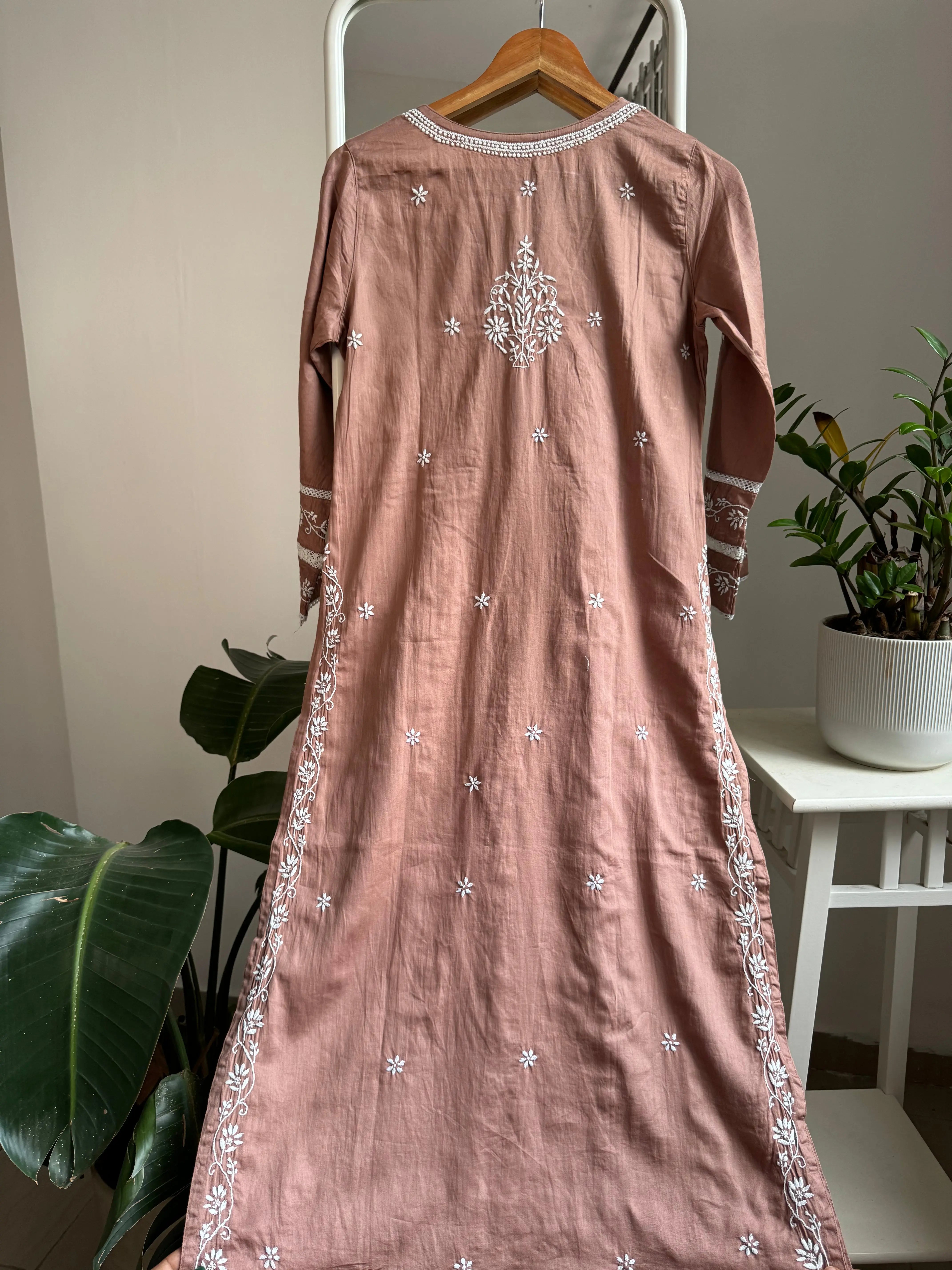 Cotton Chikankari Kurti -  Coffee Brown ARIAA CHIKANKARI 