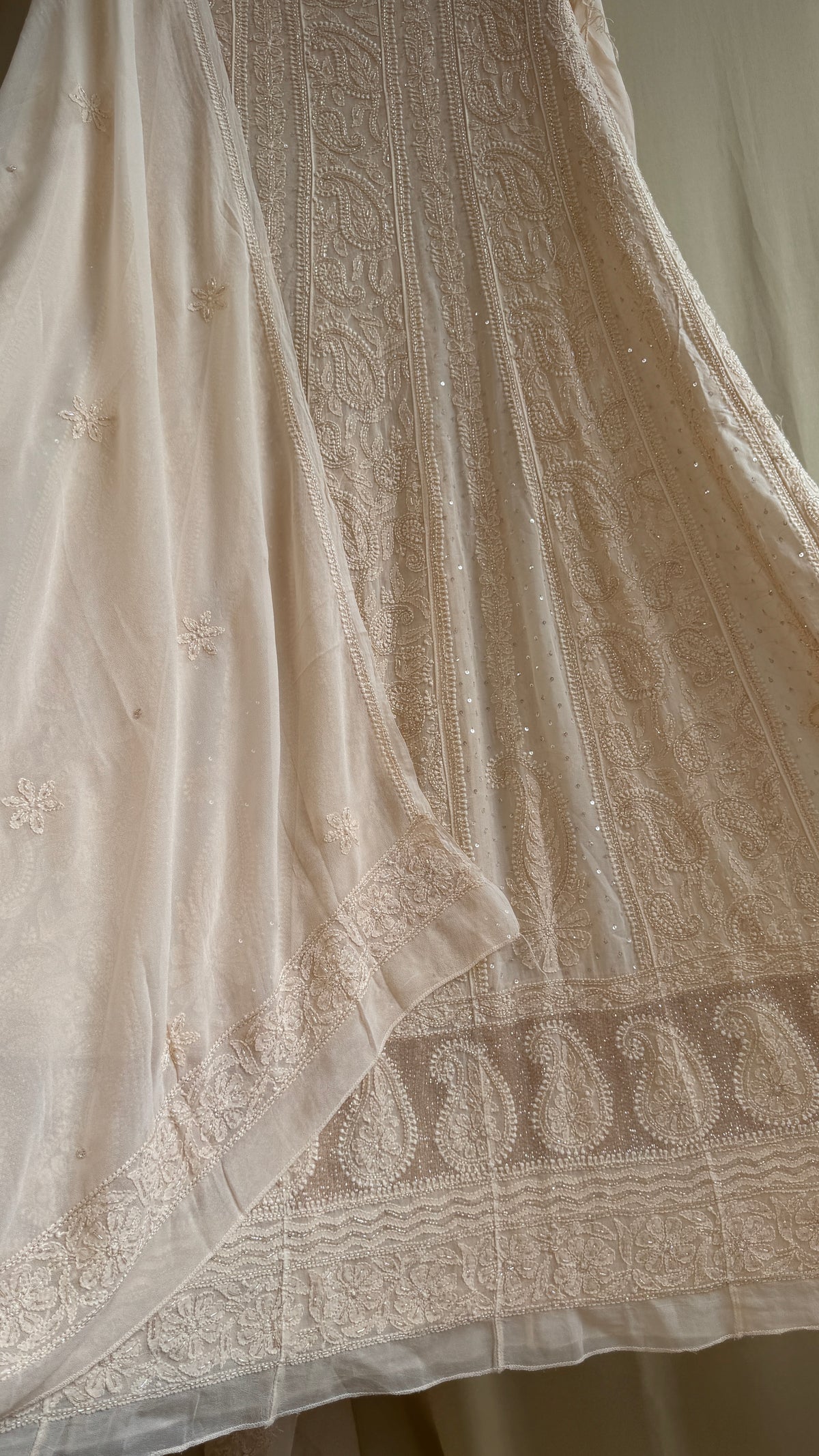 Viscose Anarkali - Semi Stitched - Pearl Work - Nude Peach