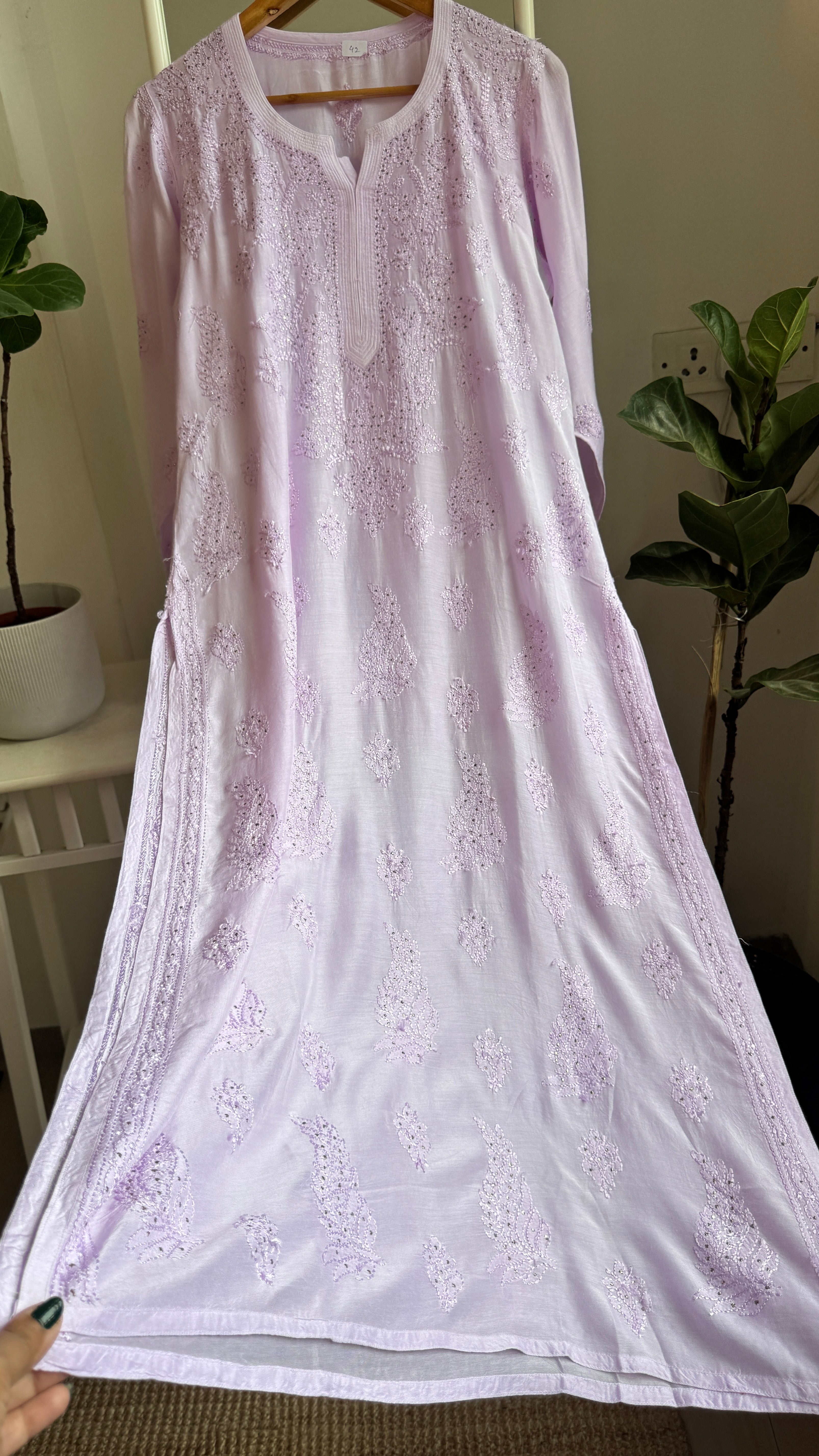 Muslin Chikankari Kurti with Mukaish work - Lilac