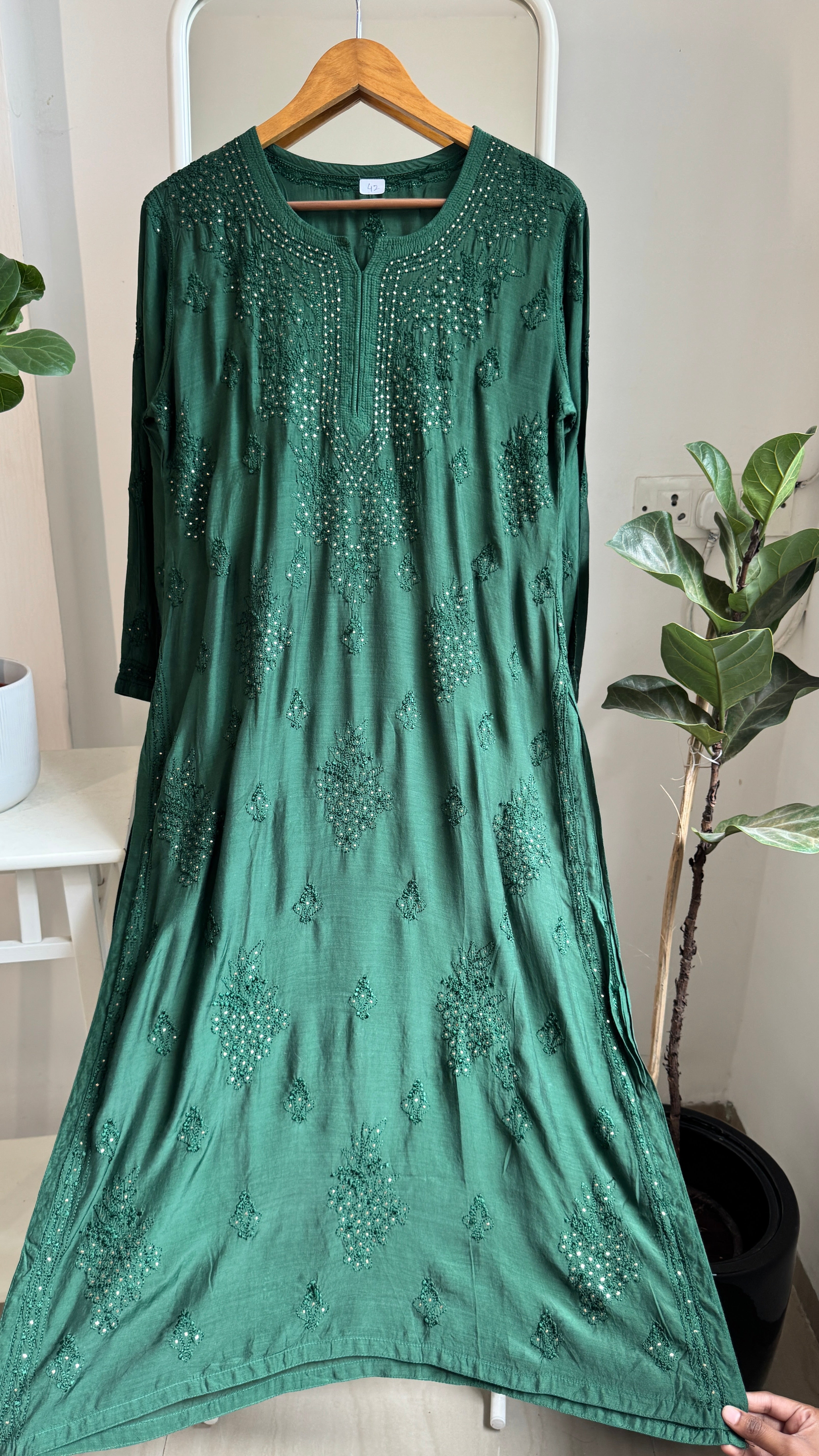 Muslin Chikankari Kurti with Mukaish work - Pine Green