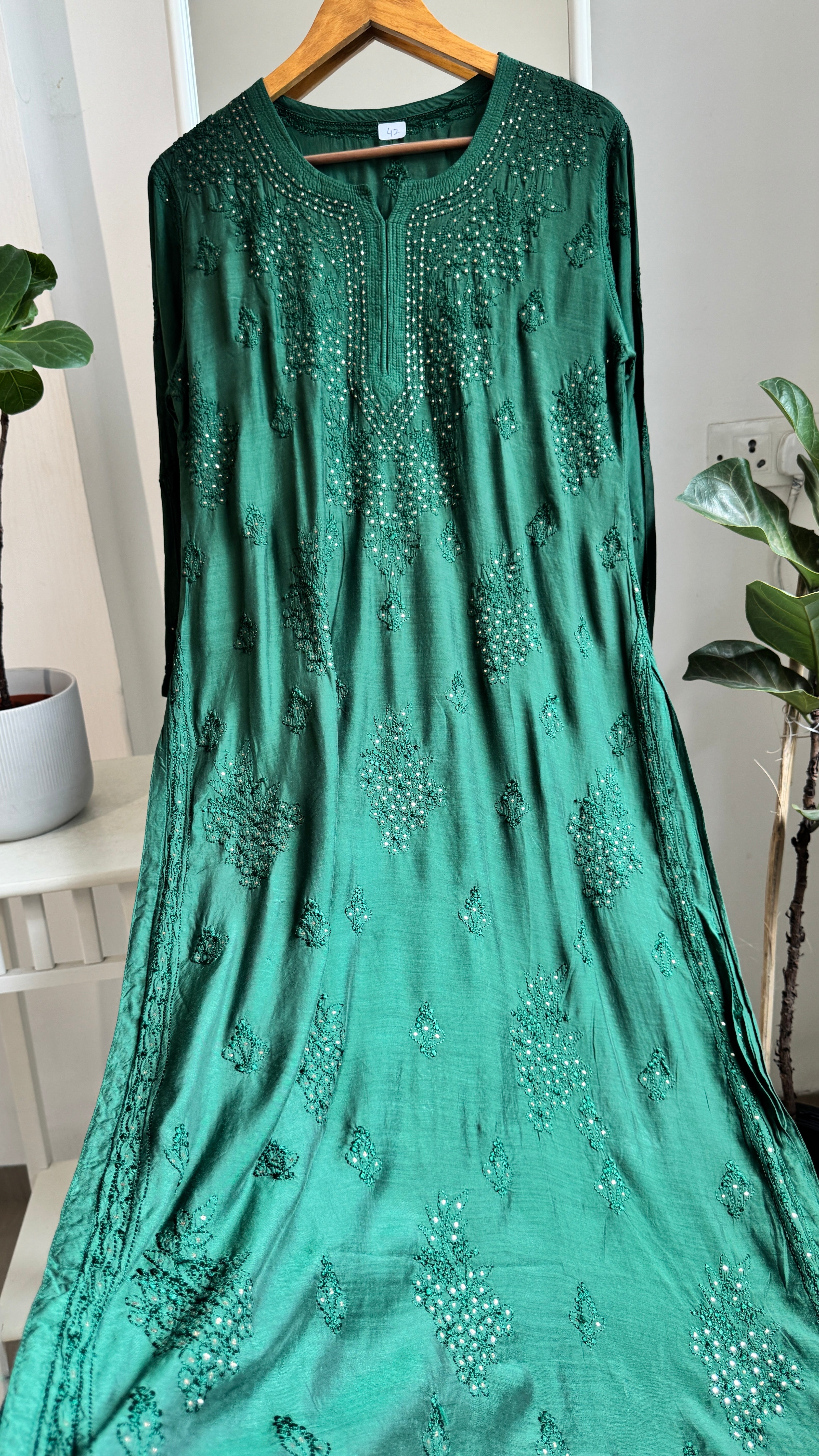 Muslin Chikankari Kurti with Mukaish work - Pine Green