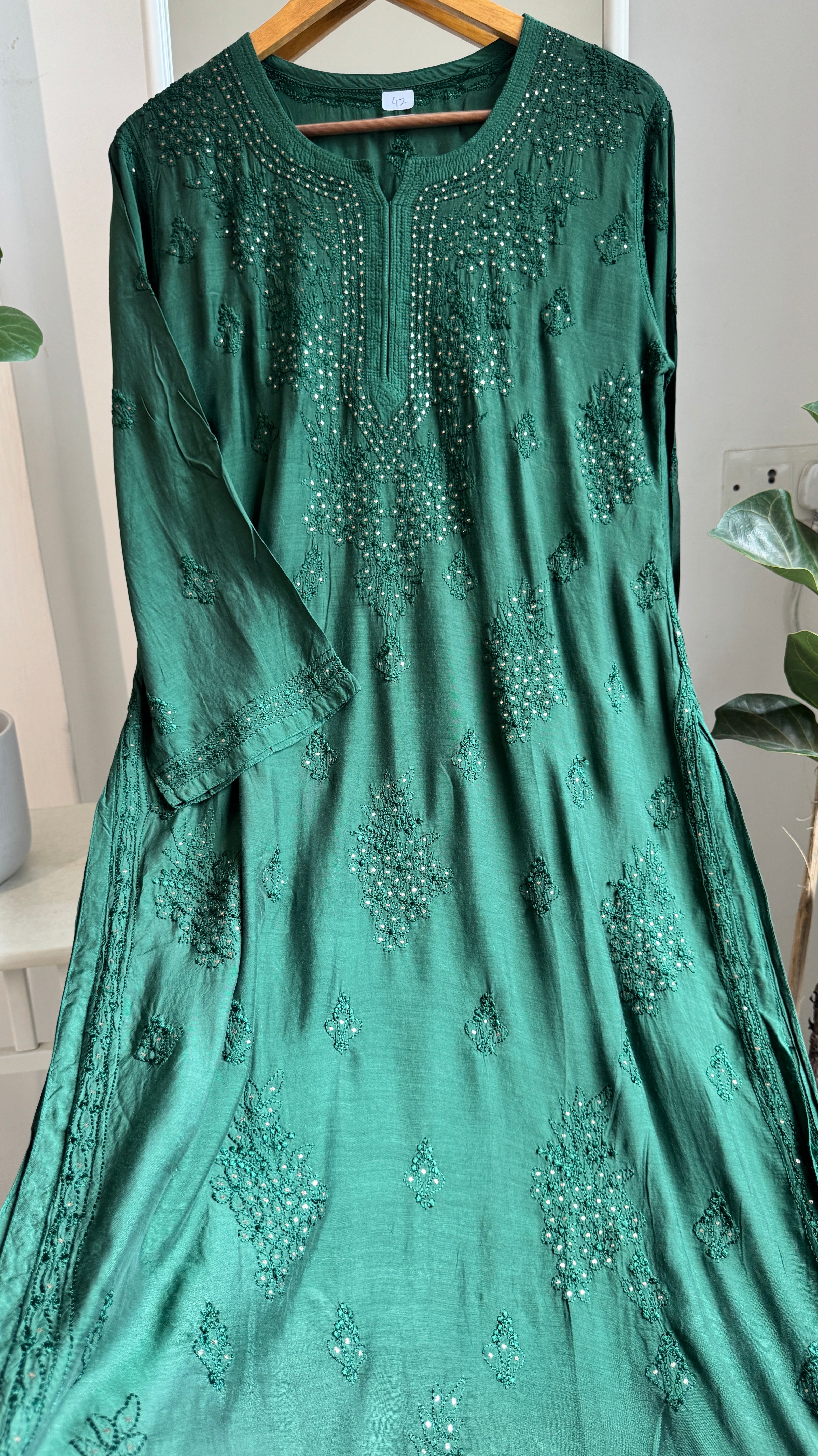 Muslin Chikankari Kurti with Mukaish work - Pine Green