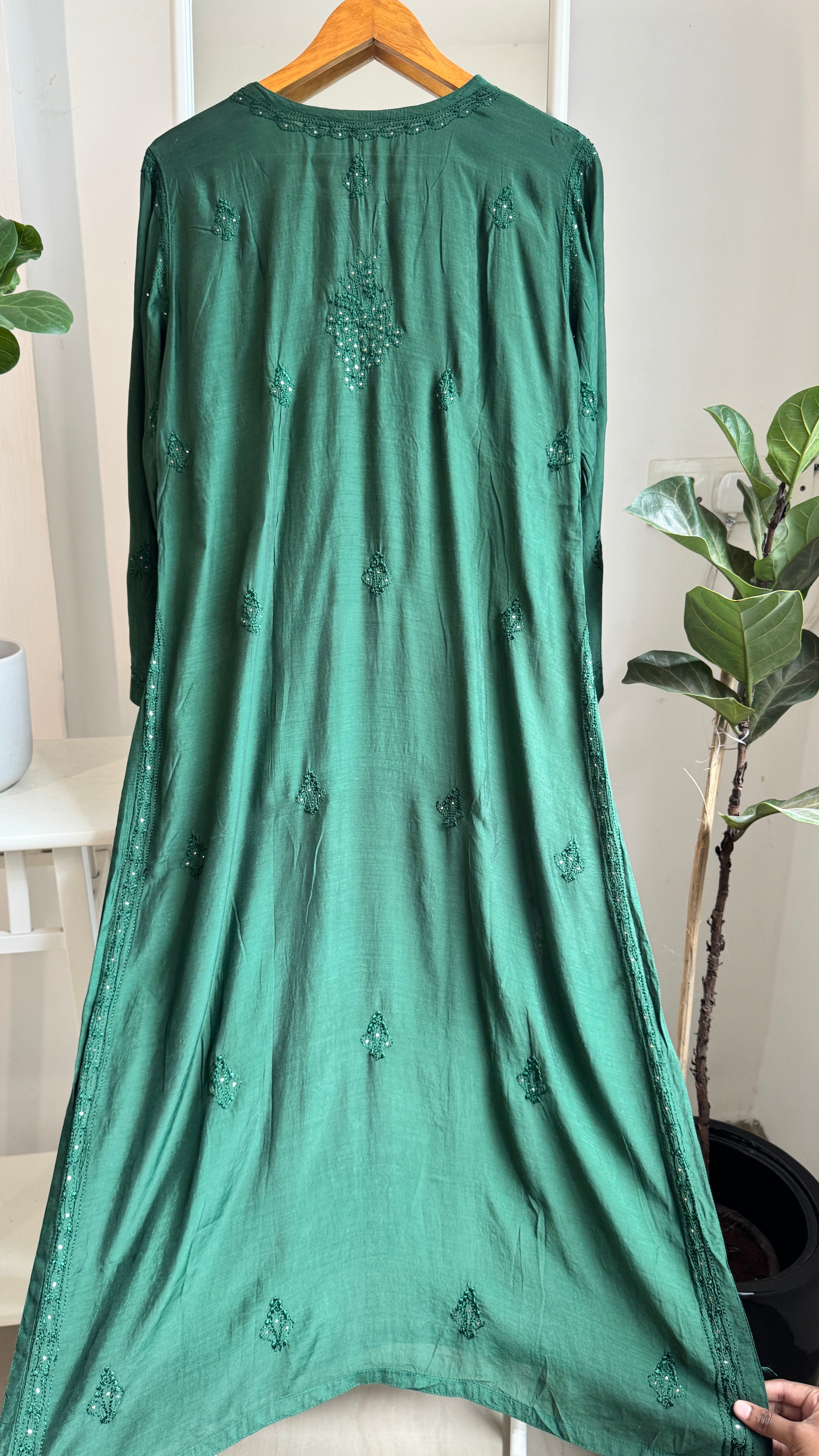 Muslin Chikankari Kurti with Mukaish work - Pine Green