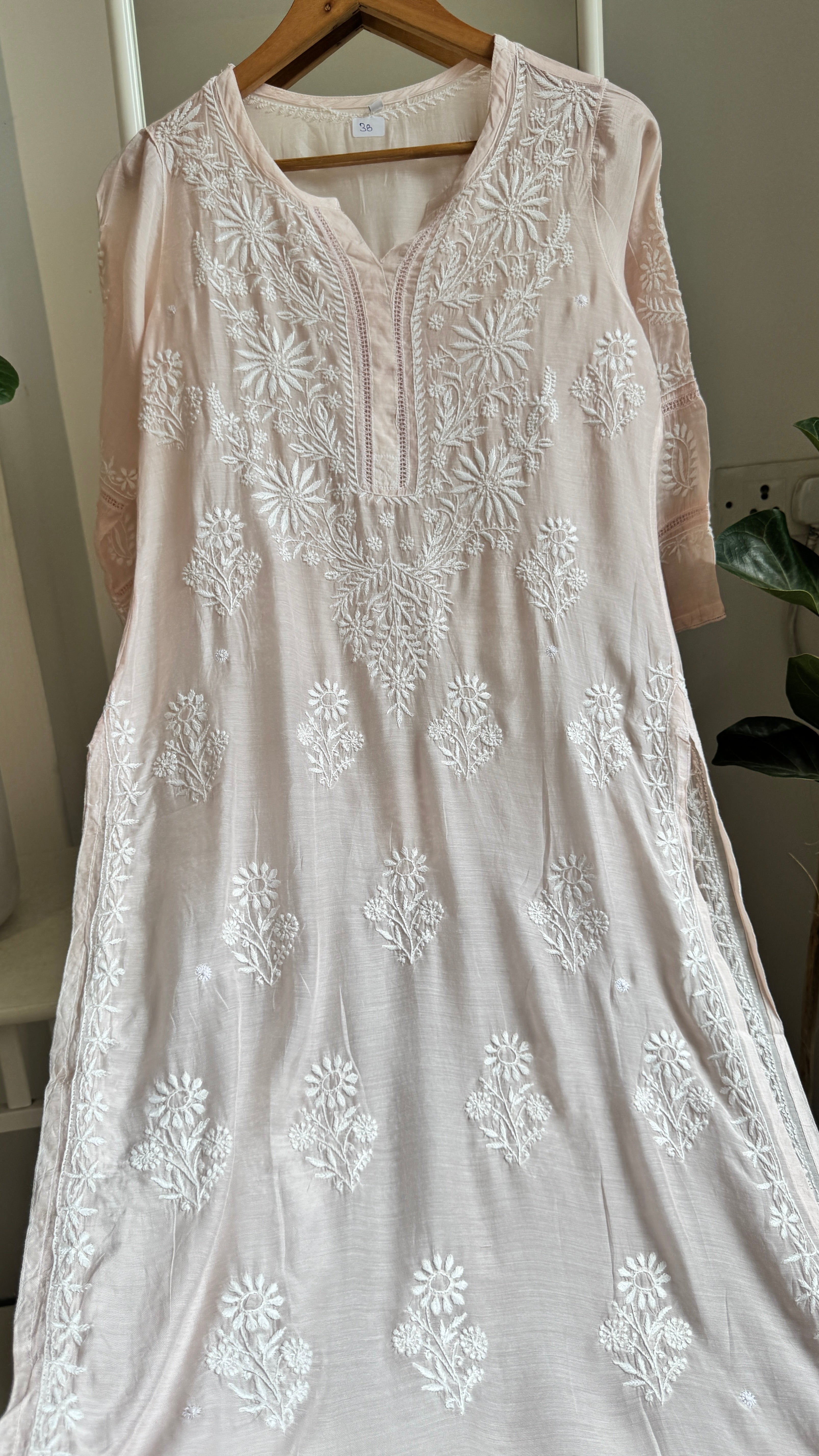 Muslin Chikankari Kurti with White Thread work - Pale Pink - Gulzar Collection