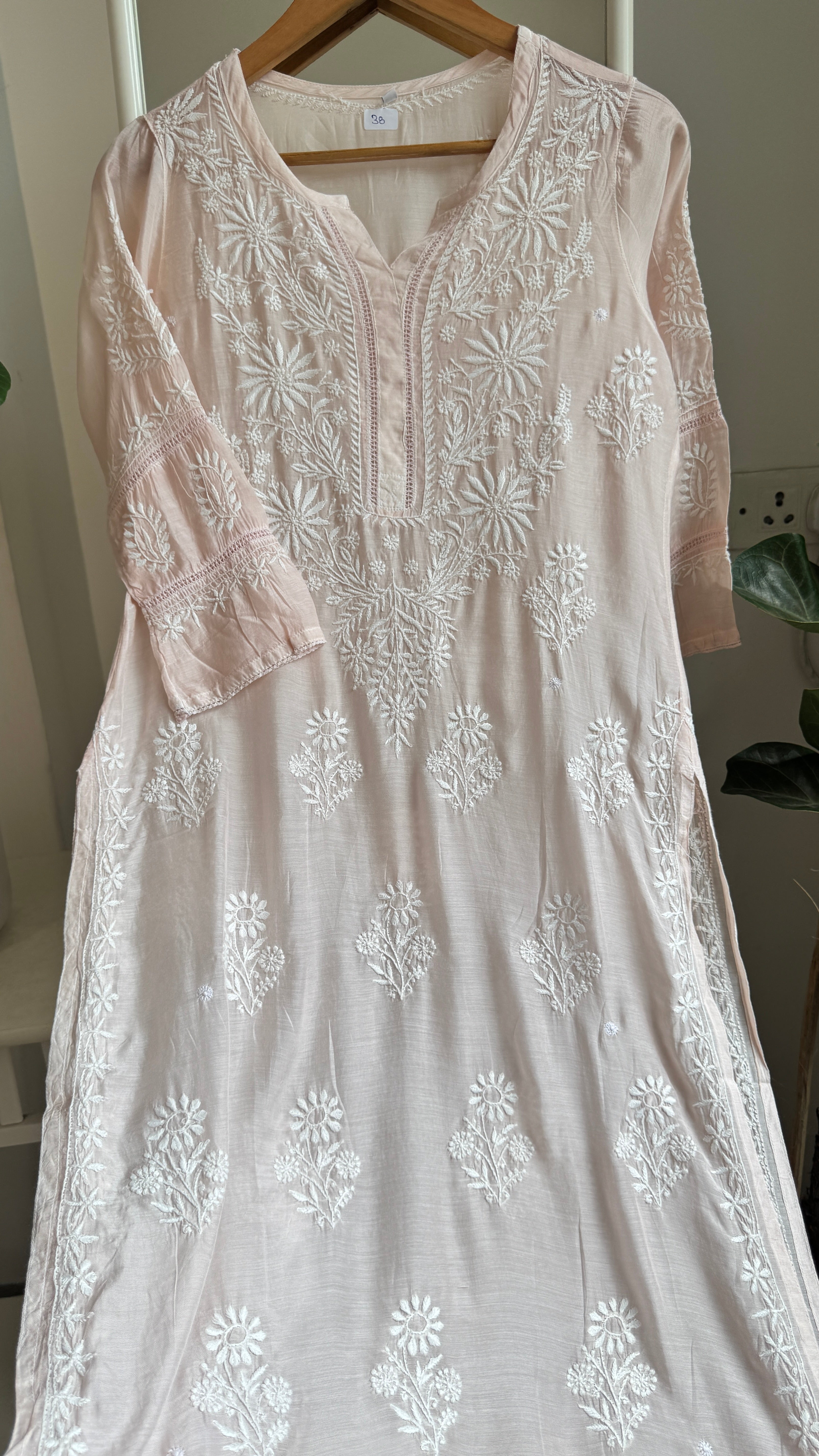 Muslin Chikankari Kurti with White Thread work - Pale Pink - Gulzar Collection