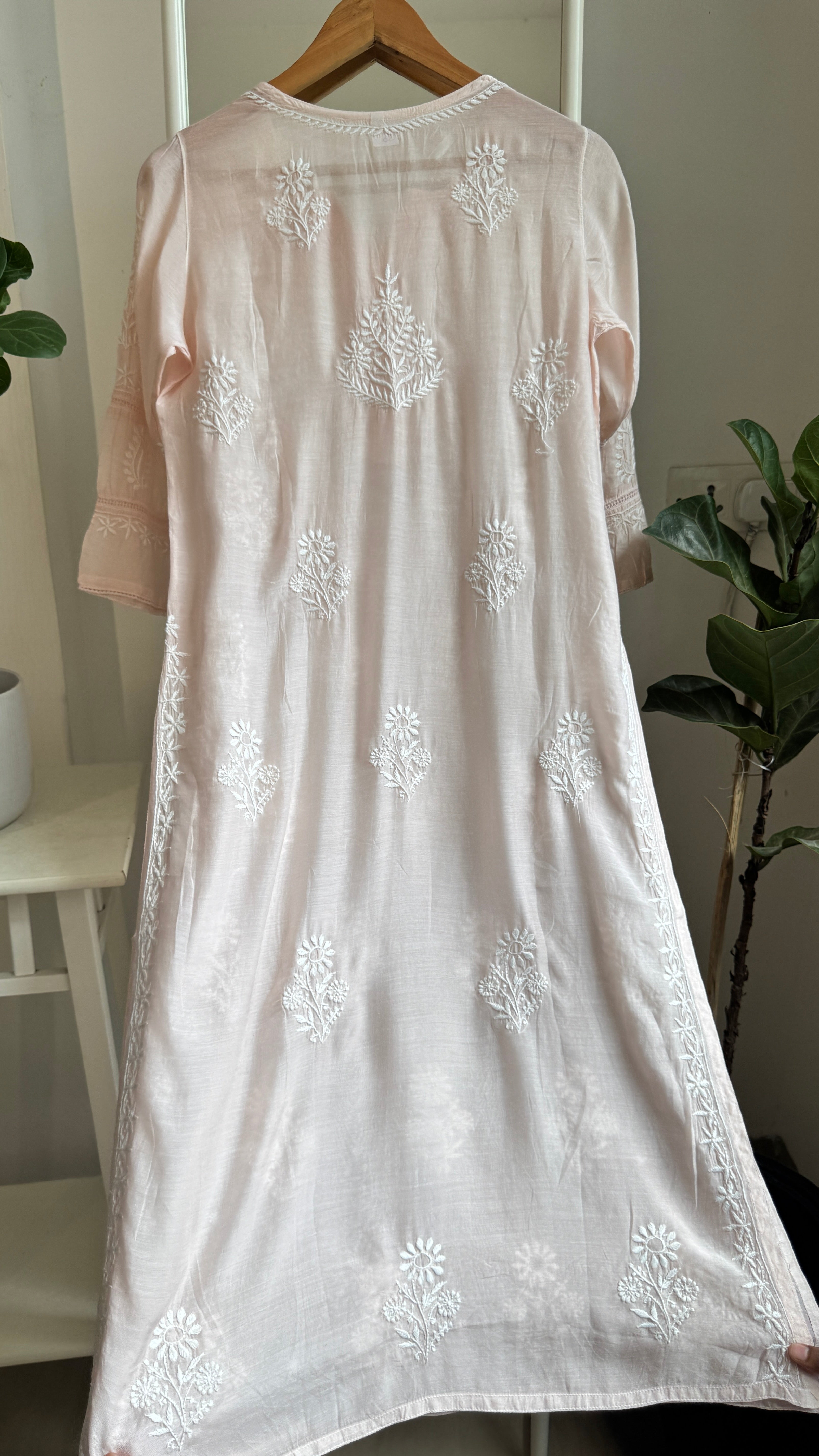 Muslin Chikankari Kurti with White Thread work - Pale Pink - Gulzar Collection