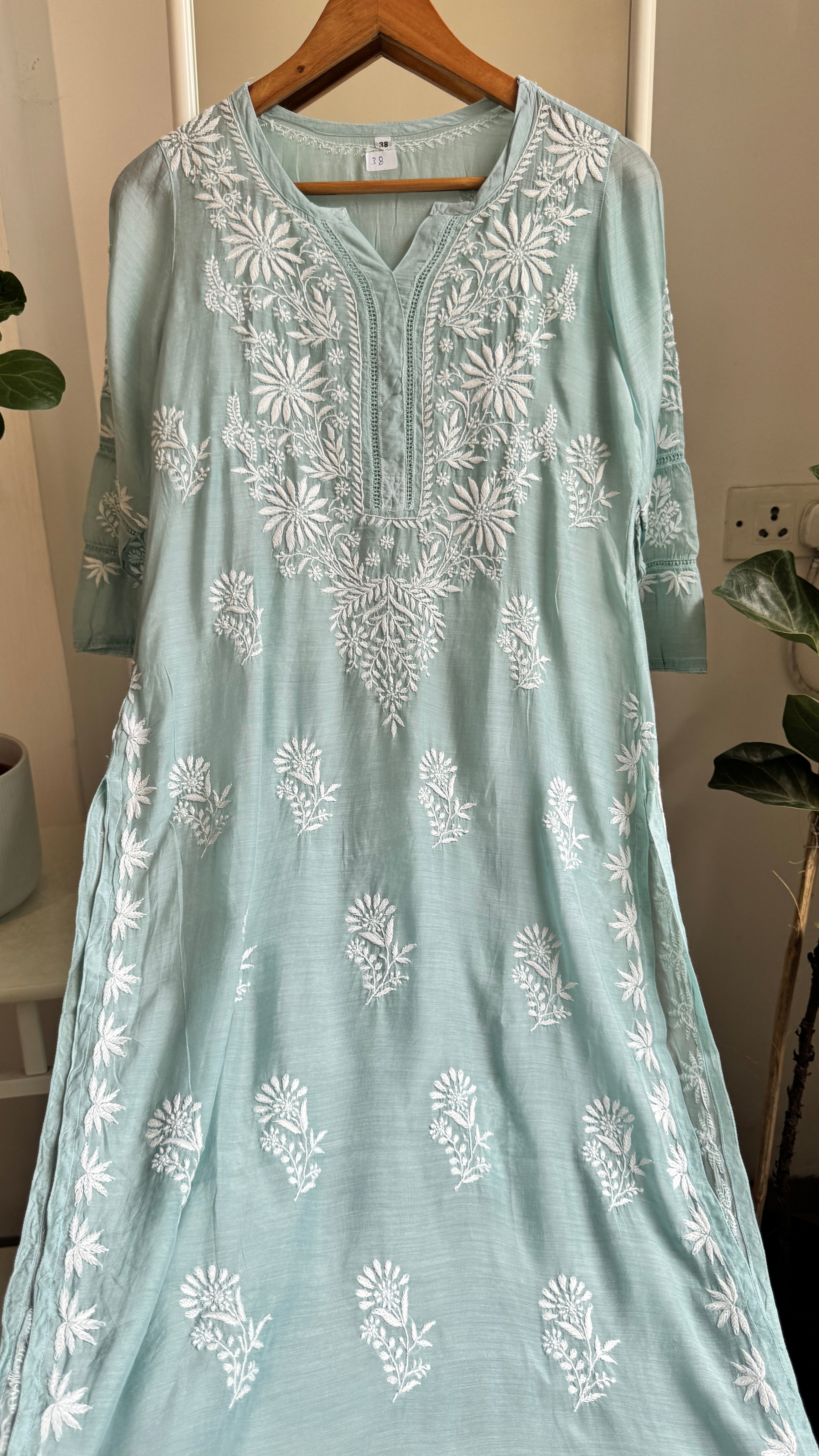 Muslin Chikankari Kurti with White Thread work - Sea Green - Gulzar Collection