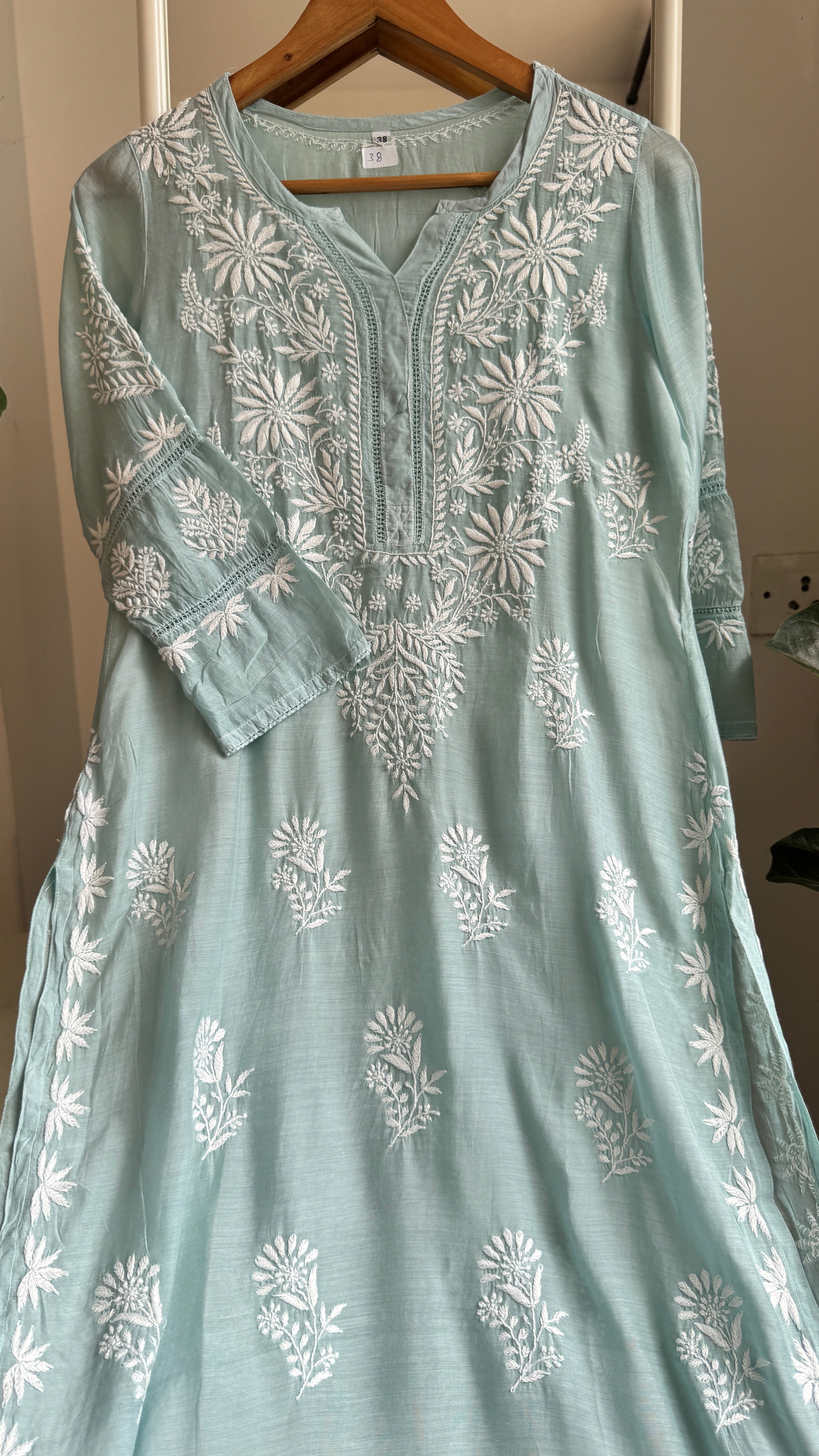 Muslin Chikankari Kurti with White Thread work - Sea Green - Gulzar Collection
