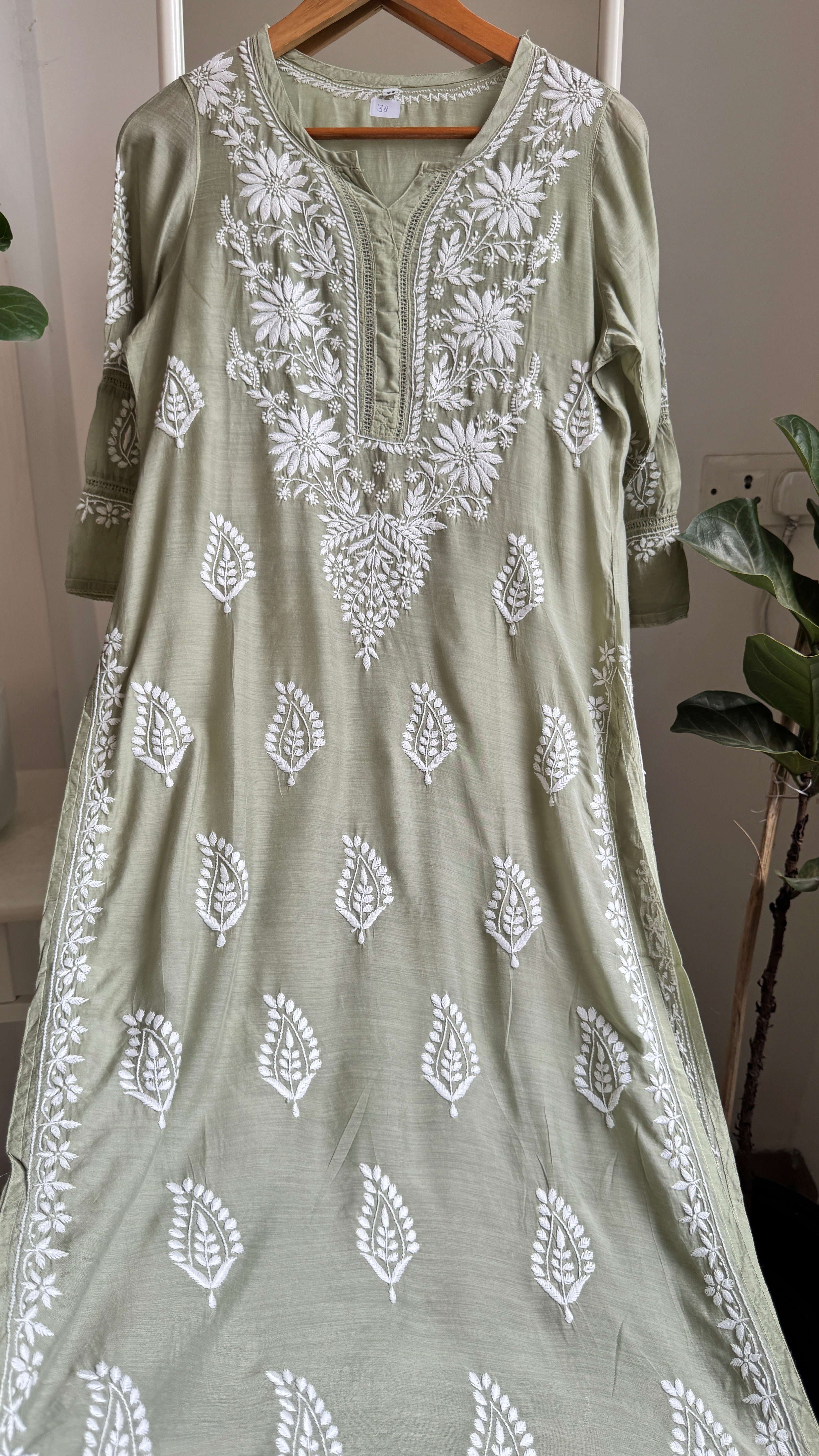 Muslin Chikankari Kurti with White Thread work - Olive Green - Gulzar Collection