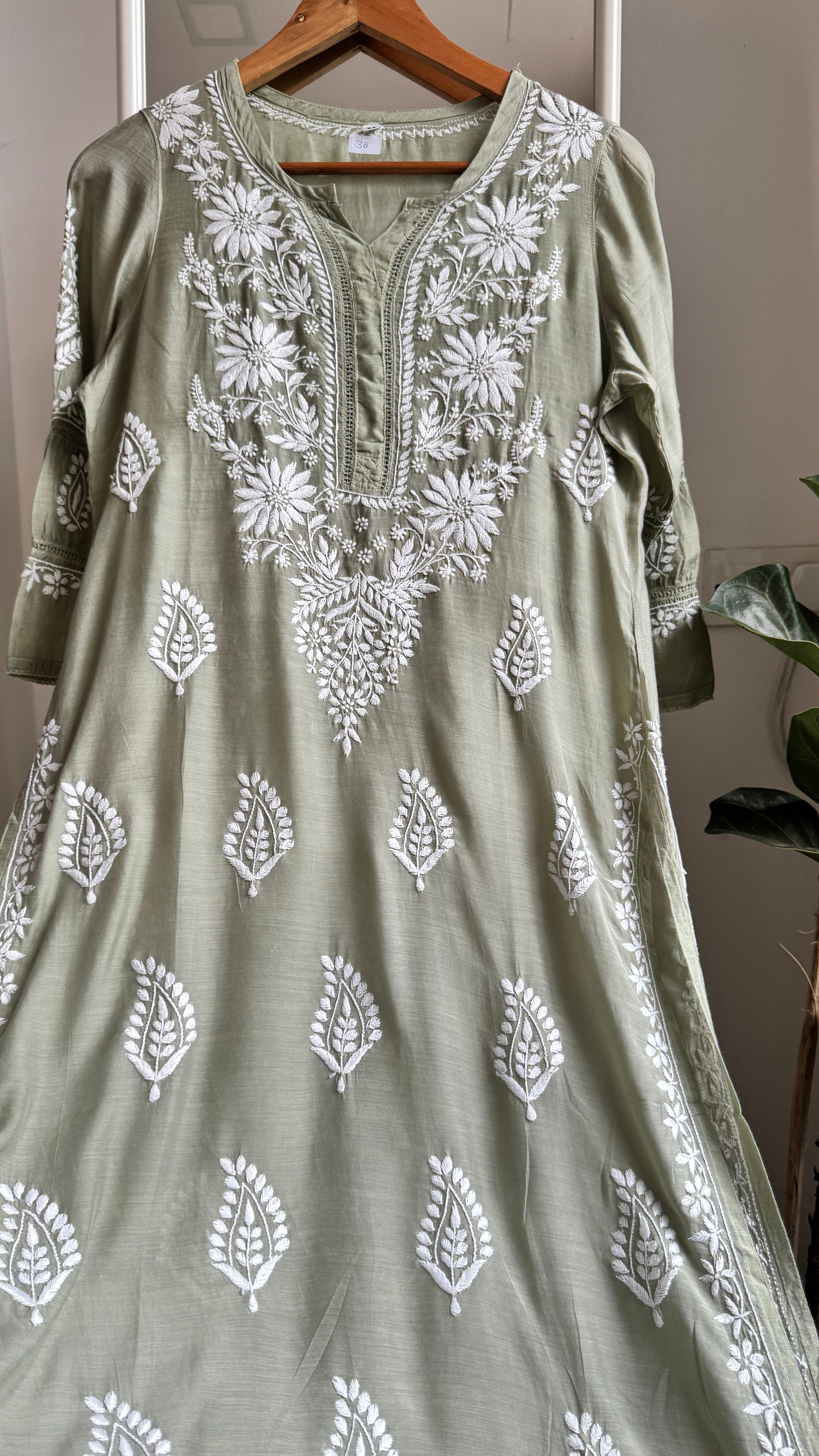 Muslin Chikankari Kurti with White Thread work - Olive Green - Gulzar Collection