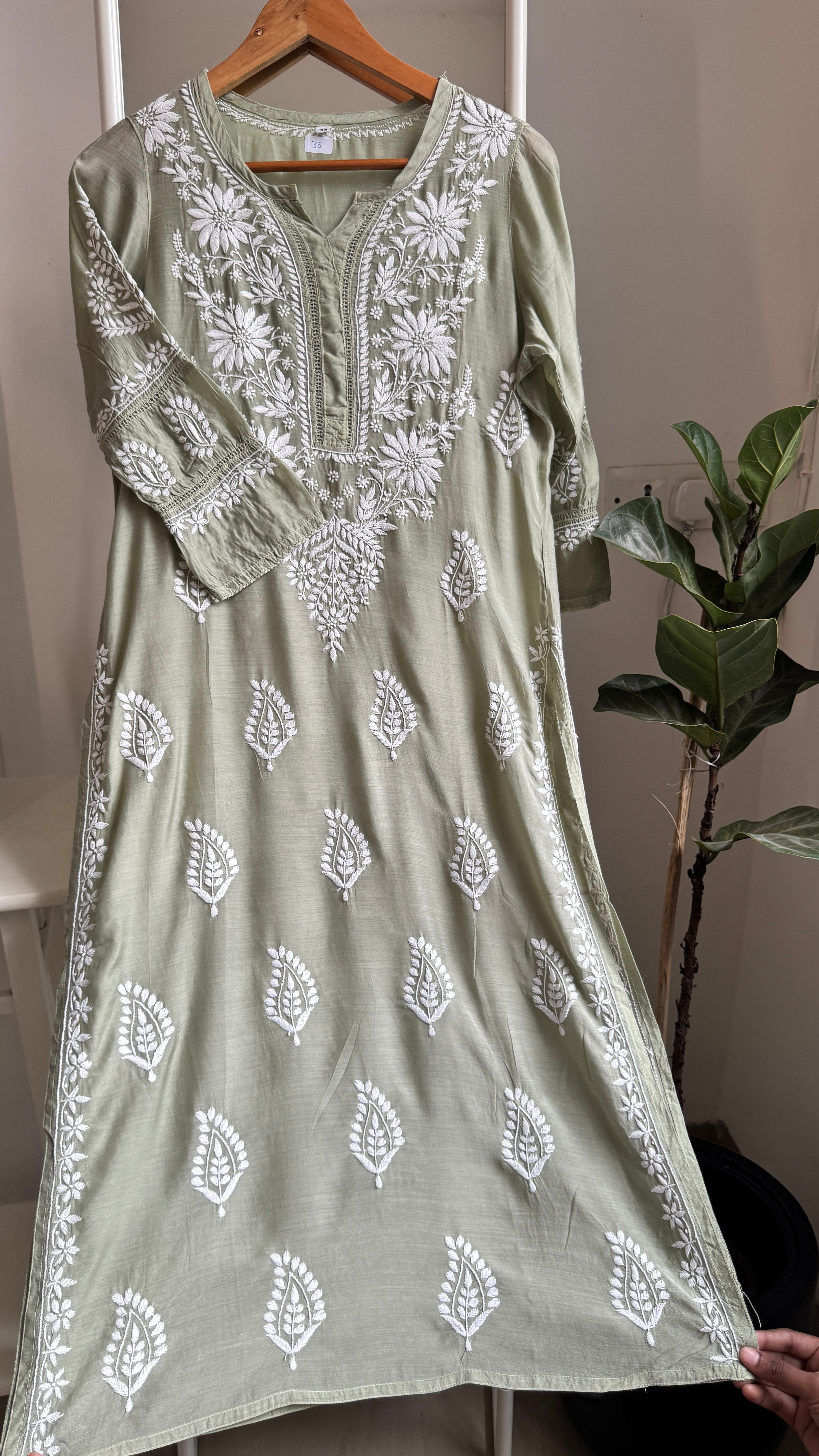 Muslin Chikankari Kurti with White Thread work - Olive Green - Gulzar Collection