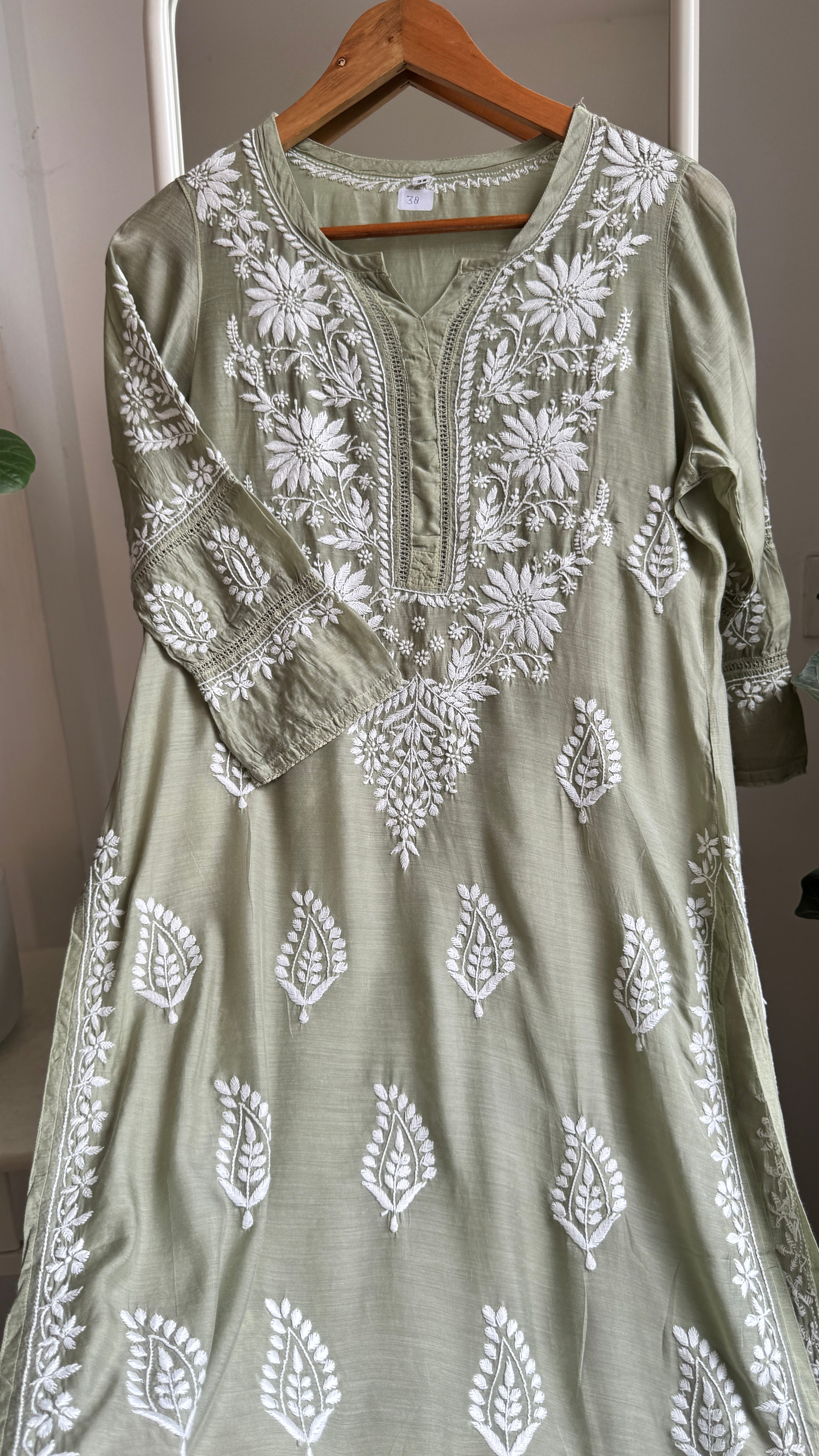 Muslin Chikankari Kurti with White Thread work - Olive Green - Gulzar Collection