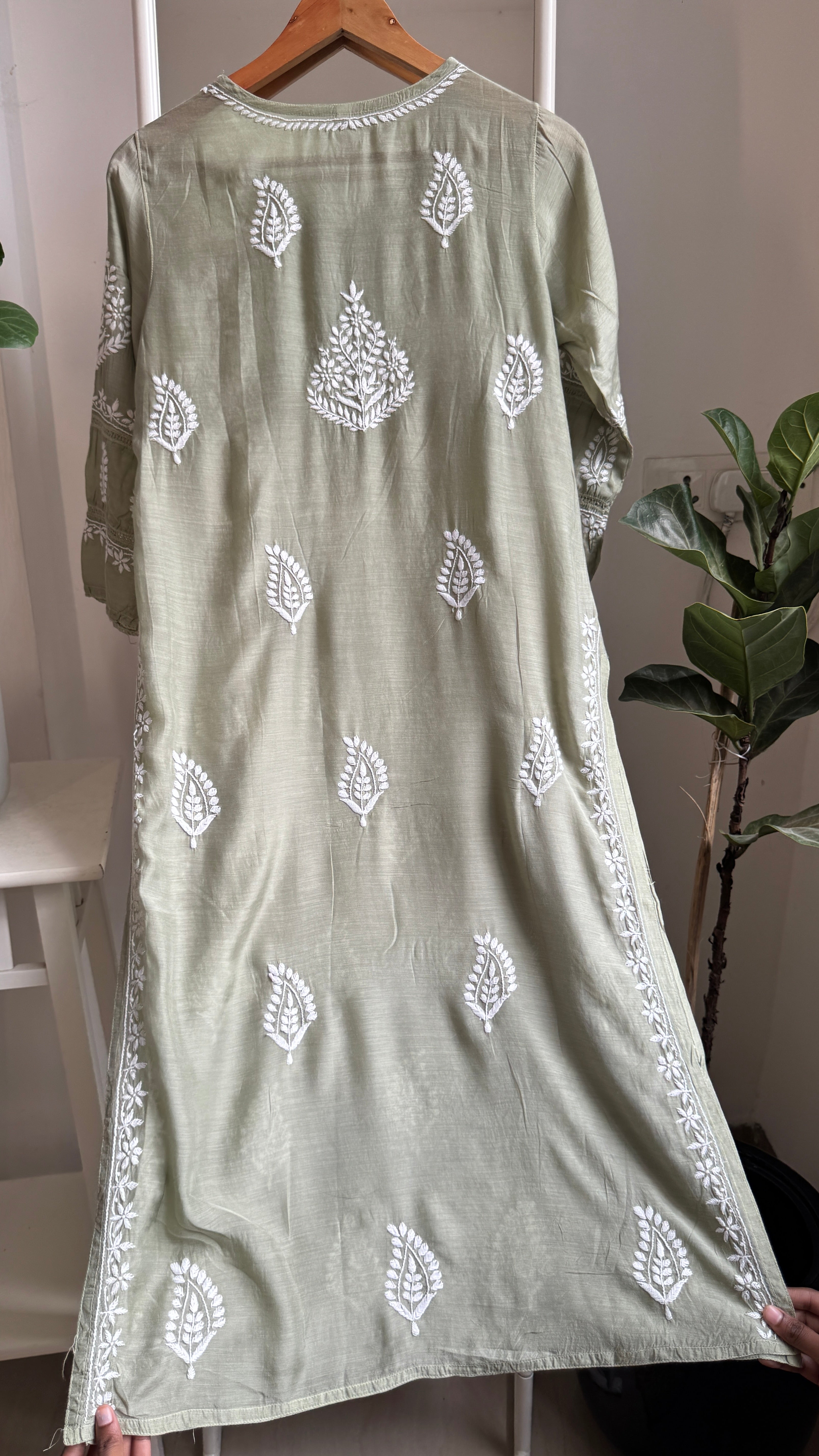 Muslin Chikankari Kurti with White Thread work - Olive Green - Gulzar Collection