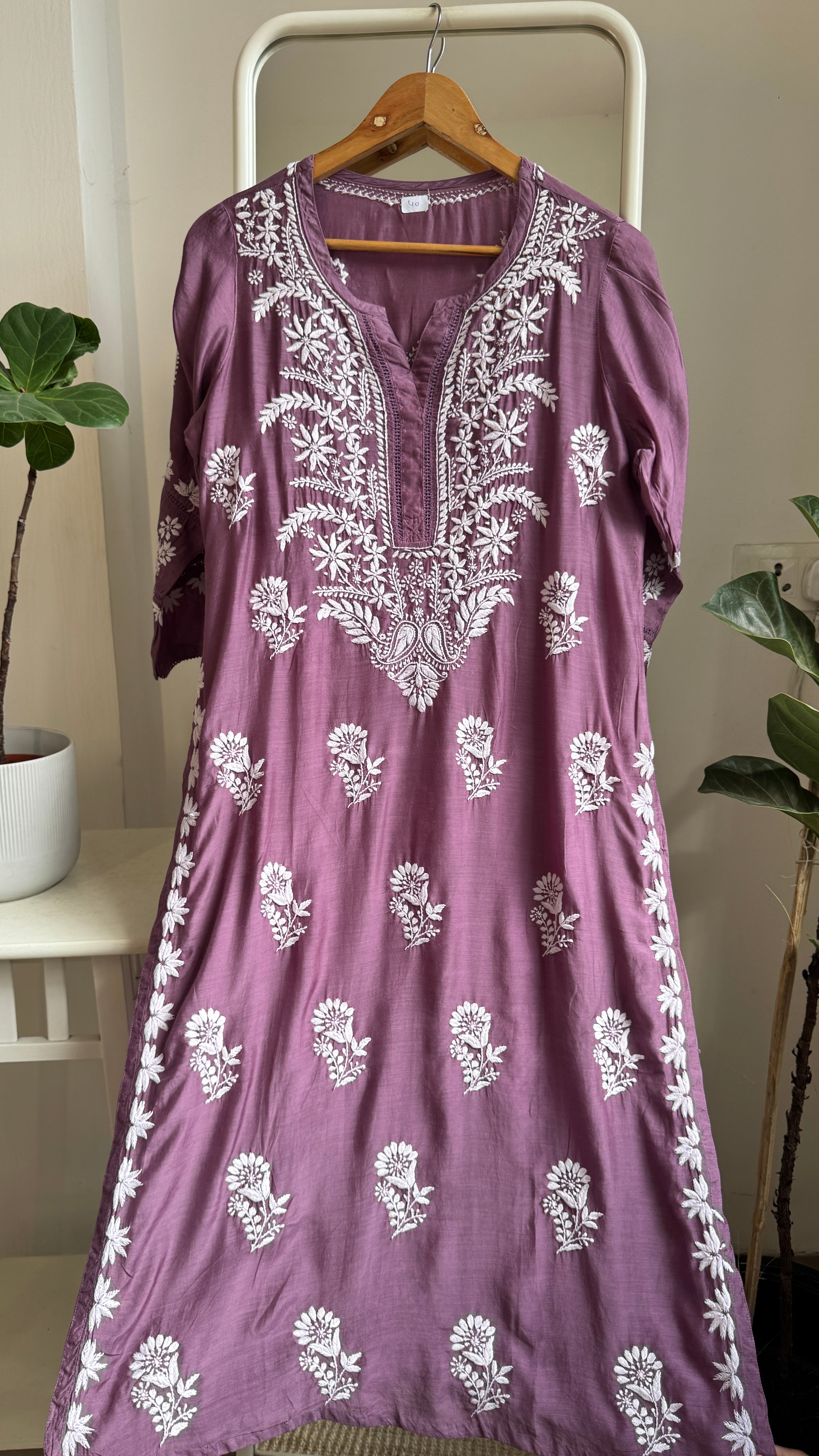 Muslin Chikankari Kurti with White Thread work - Purple - Gulzar Collection