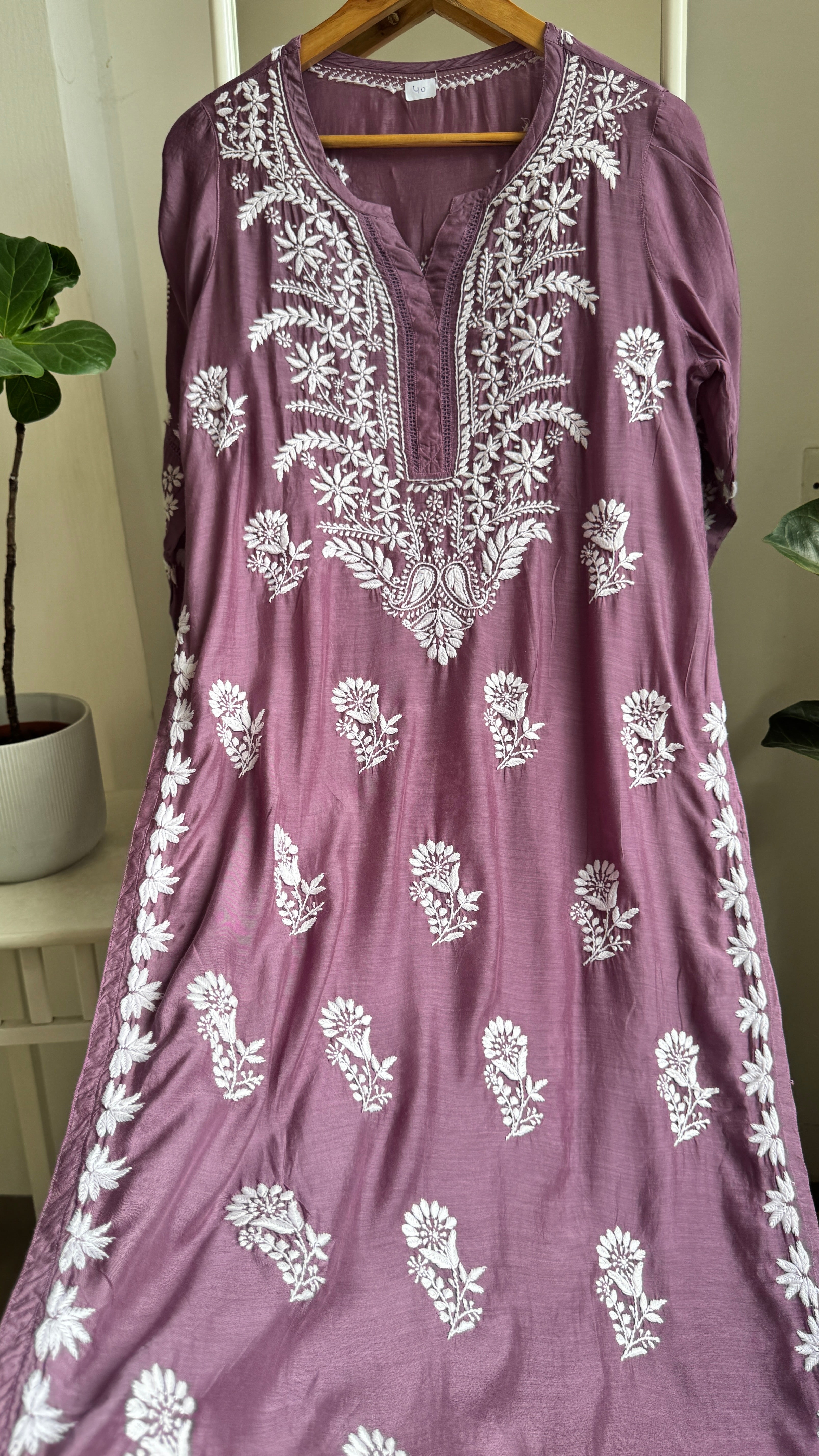 Muslin Chikankari Kurti with White Thread work - Purple - Gulzar Collection