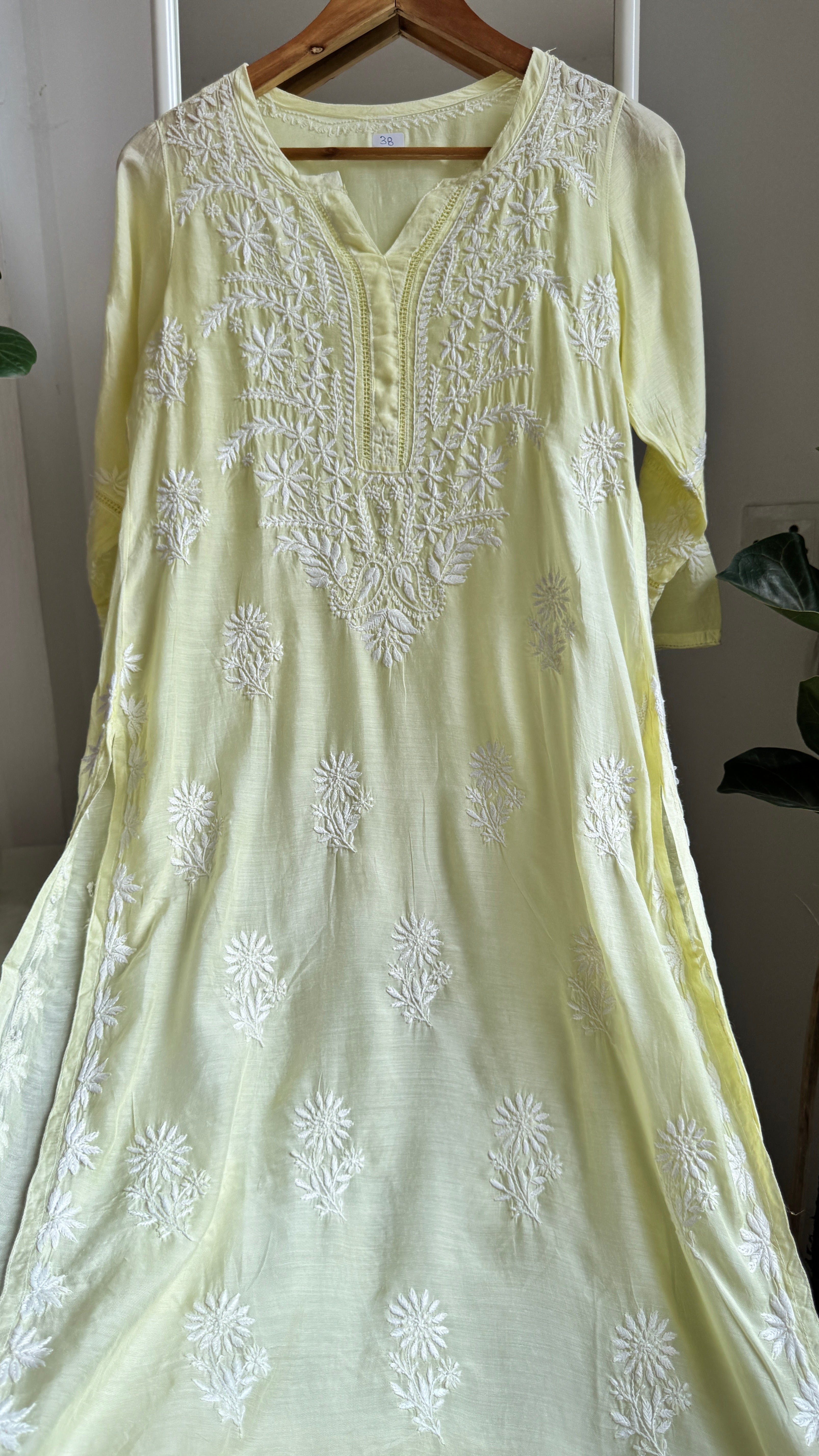 Muslin Chikankari Kurti with White Thread work - Lemon Yellow - Gulzar Collection