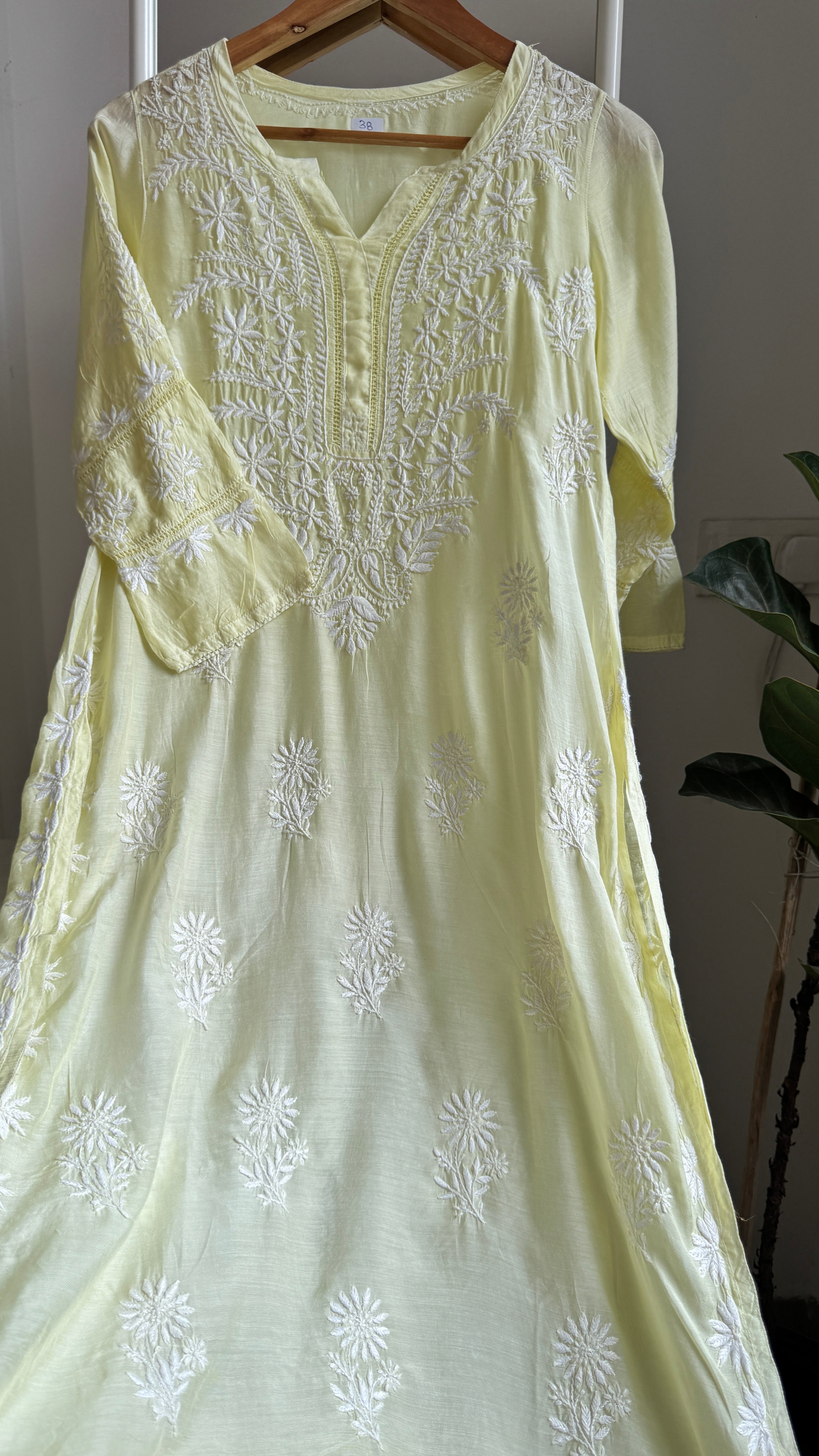 Muslin Chikankari Kurti with White Thread work - Lemon Yellow - Gulzar Collection