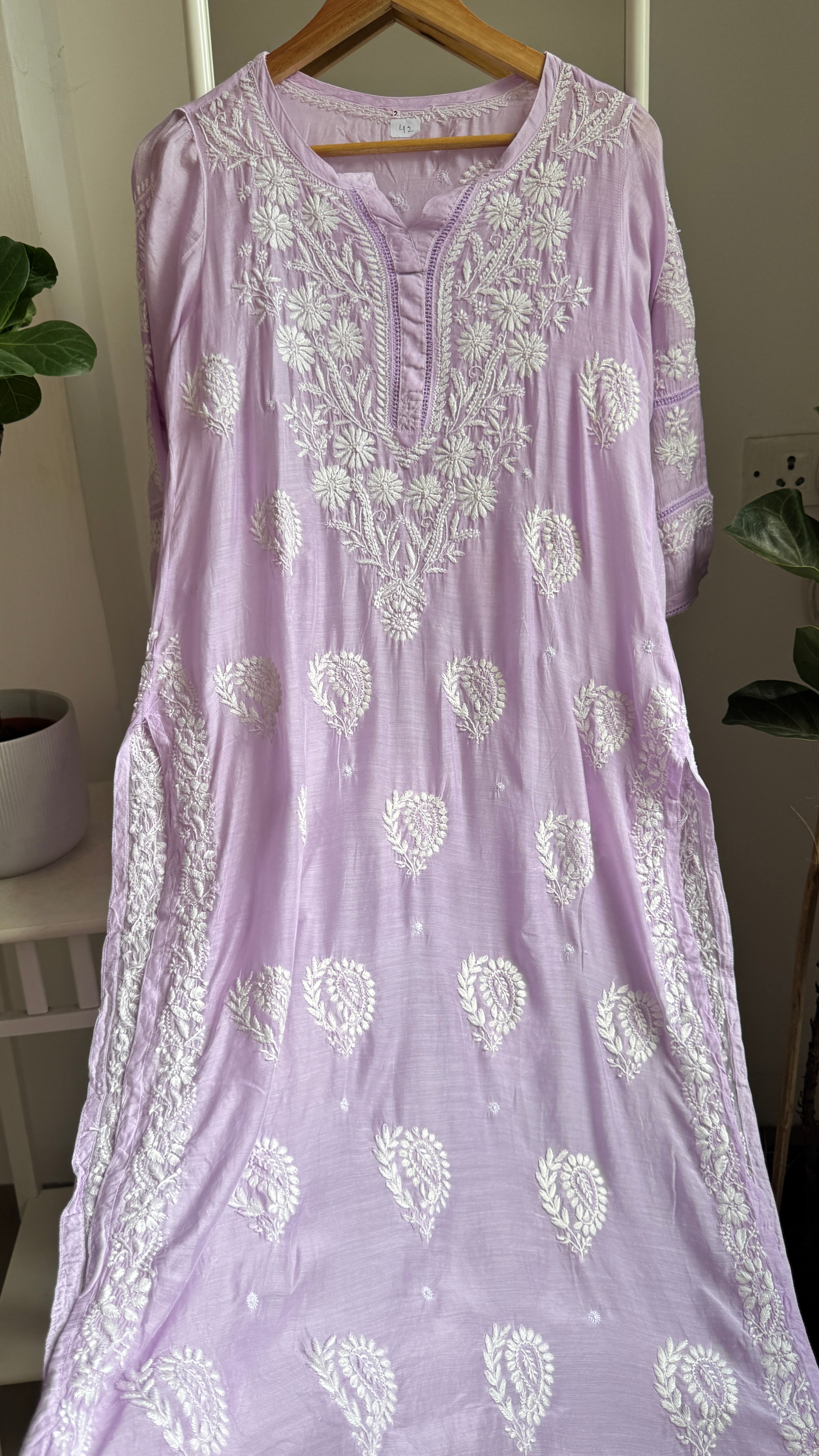 Muslin Chikankari Kurti with White Thread work - Lilac - Gulzar Collection
