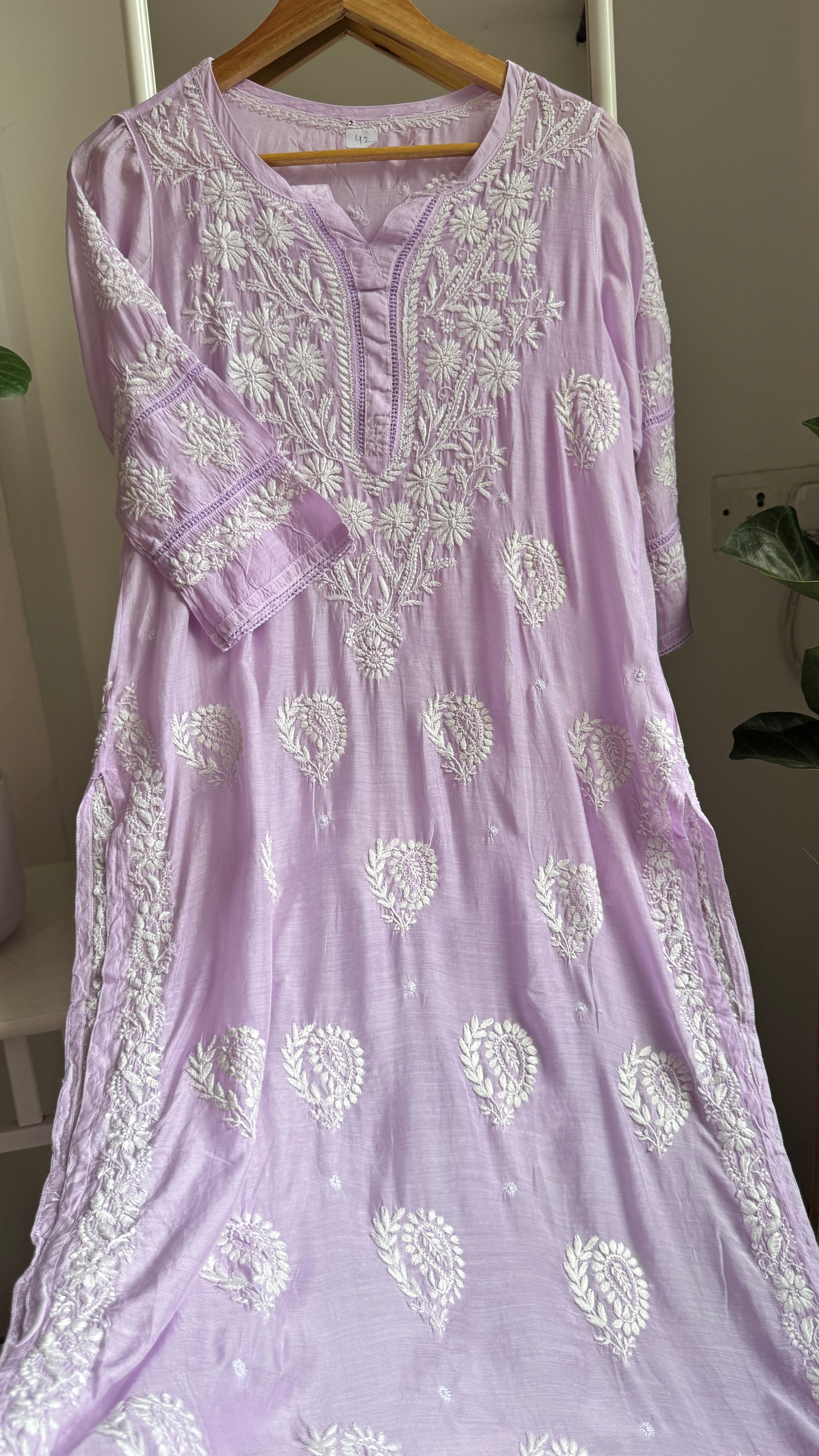 Muslin Chikankari Kurti with White Thread work - Lilac - Gulzar Collection