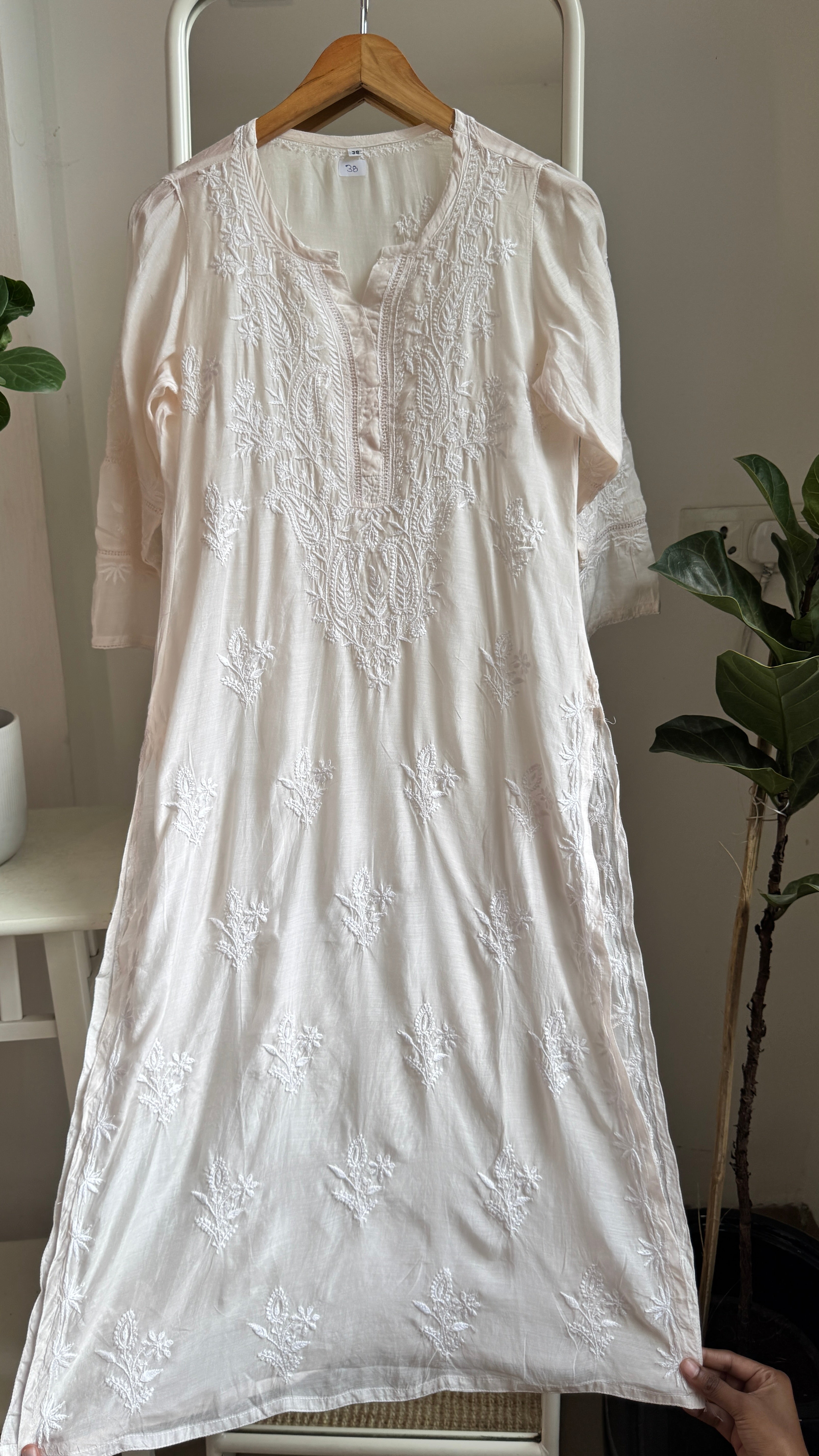 Muslin Chikankari Kurti with White Thread work - Ivory - Gulzar Collection