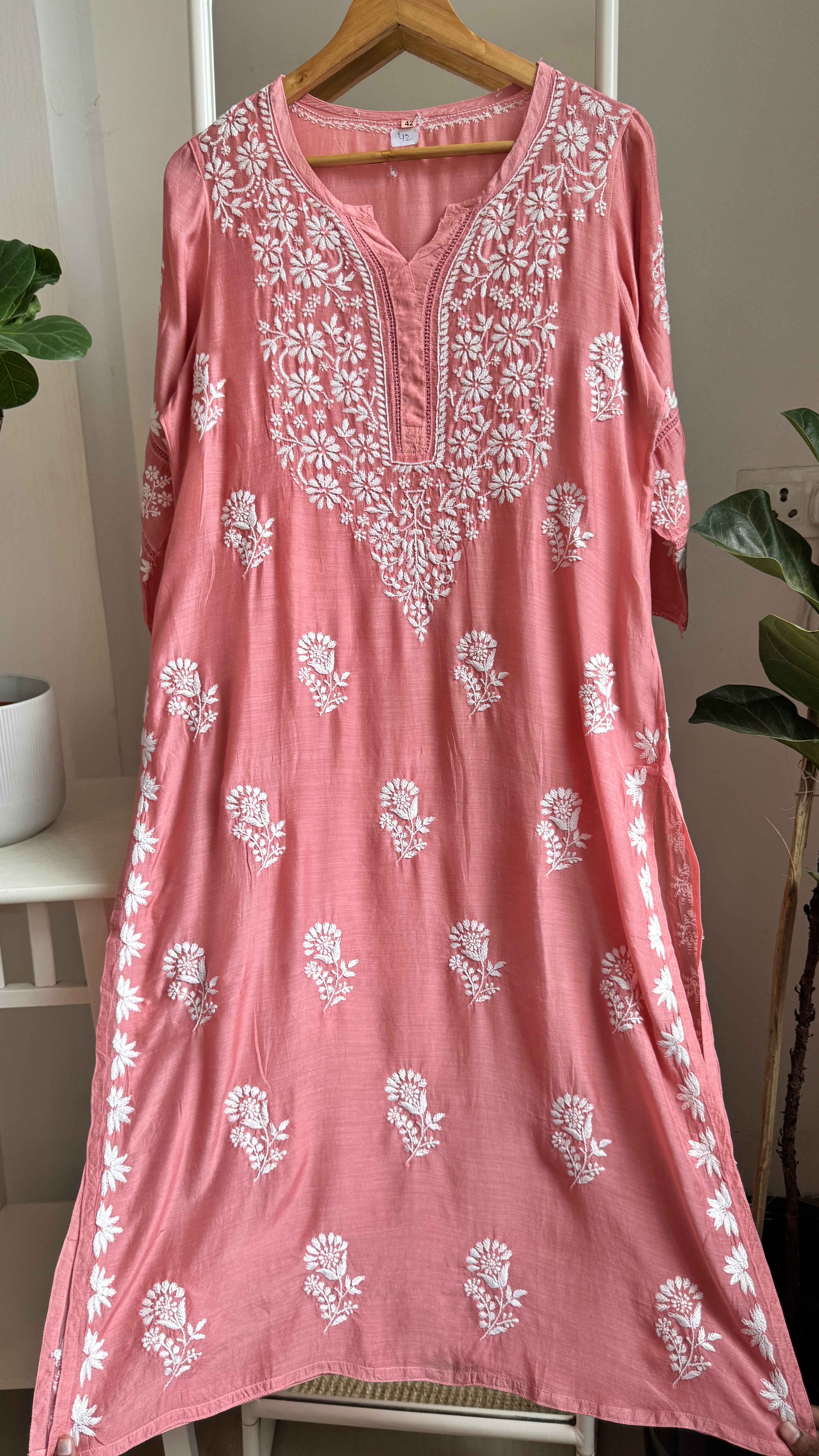 Muslin Chikankari Kurti with White Thread work - Rosewood - Gulzar Collection