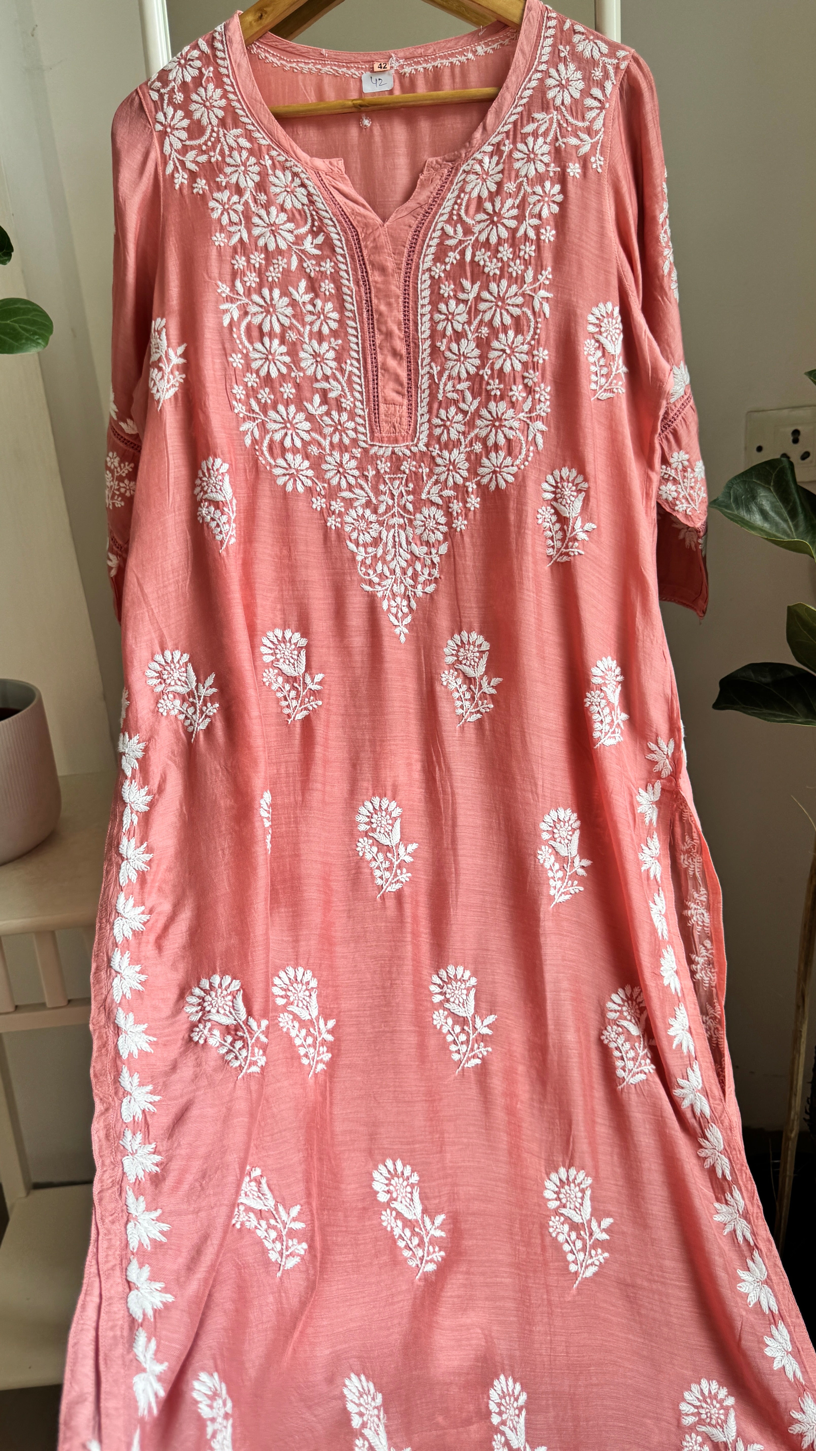 Muslin Chikankari Kurti with White Thread work - Rosewood - Gulzar Collection