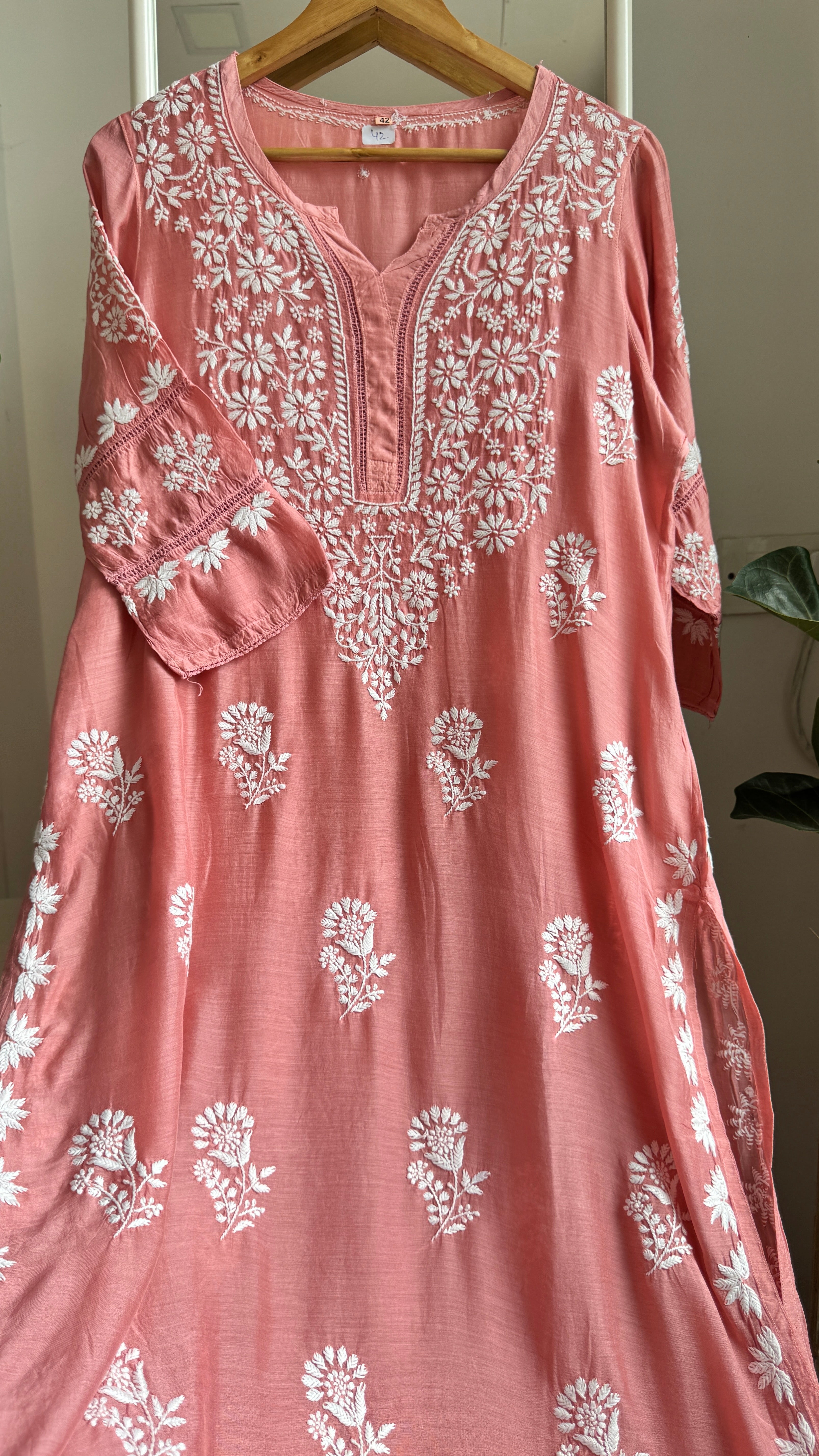 Muslin Chikankari Kurti with White Thread work - Rosewood - Gulzar Collection