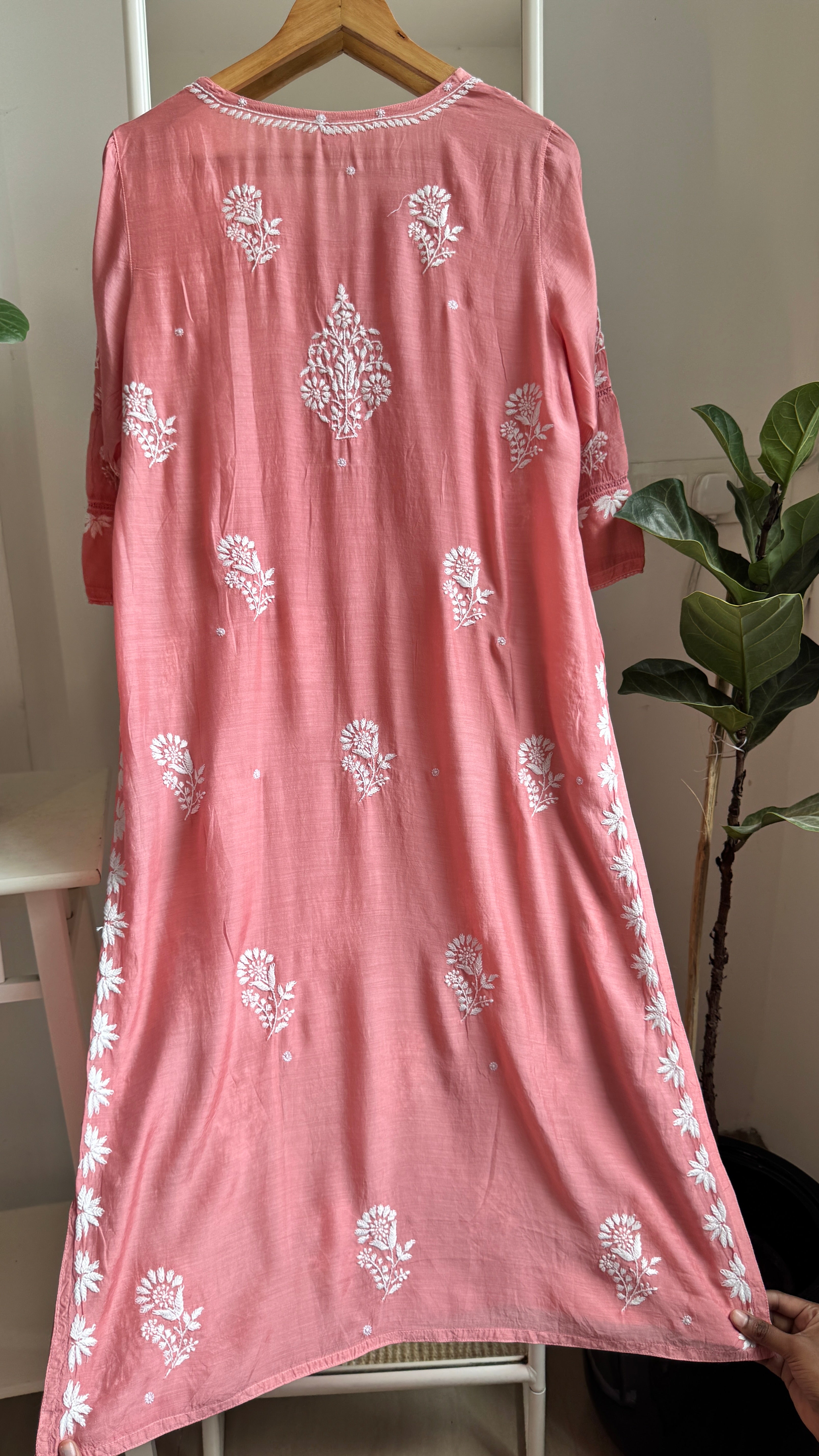 Muslin Chikankari Kurti with White Thread work - Rosewood - Gulzar Collection