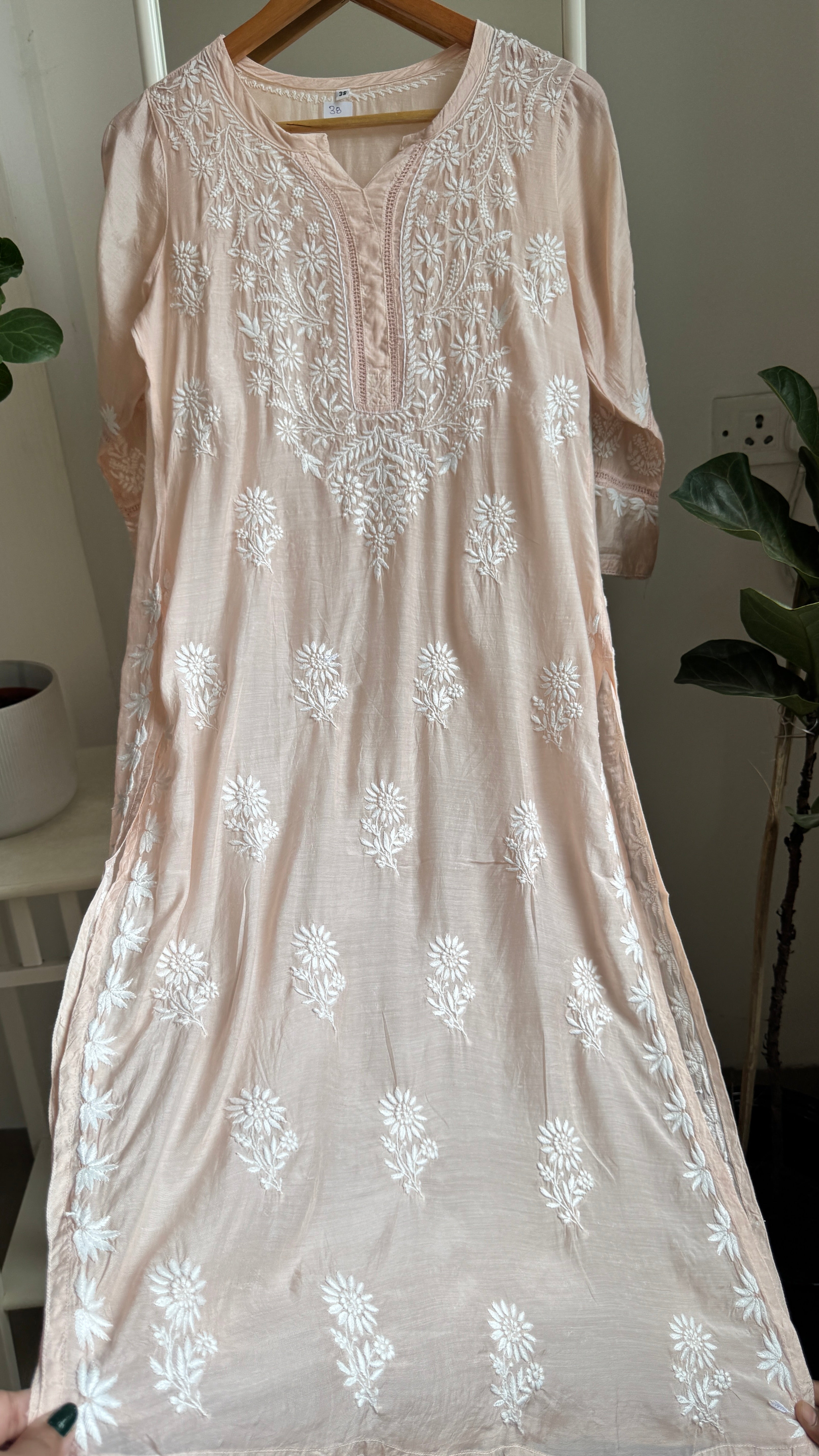 Muslin Chikankari Kurti with White Thread work - Blush Peach - Gulzar Collection