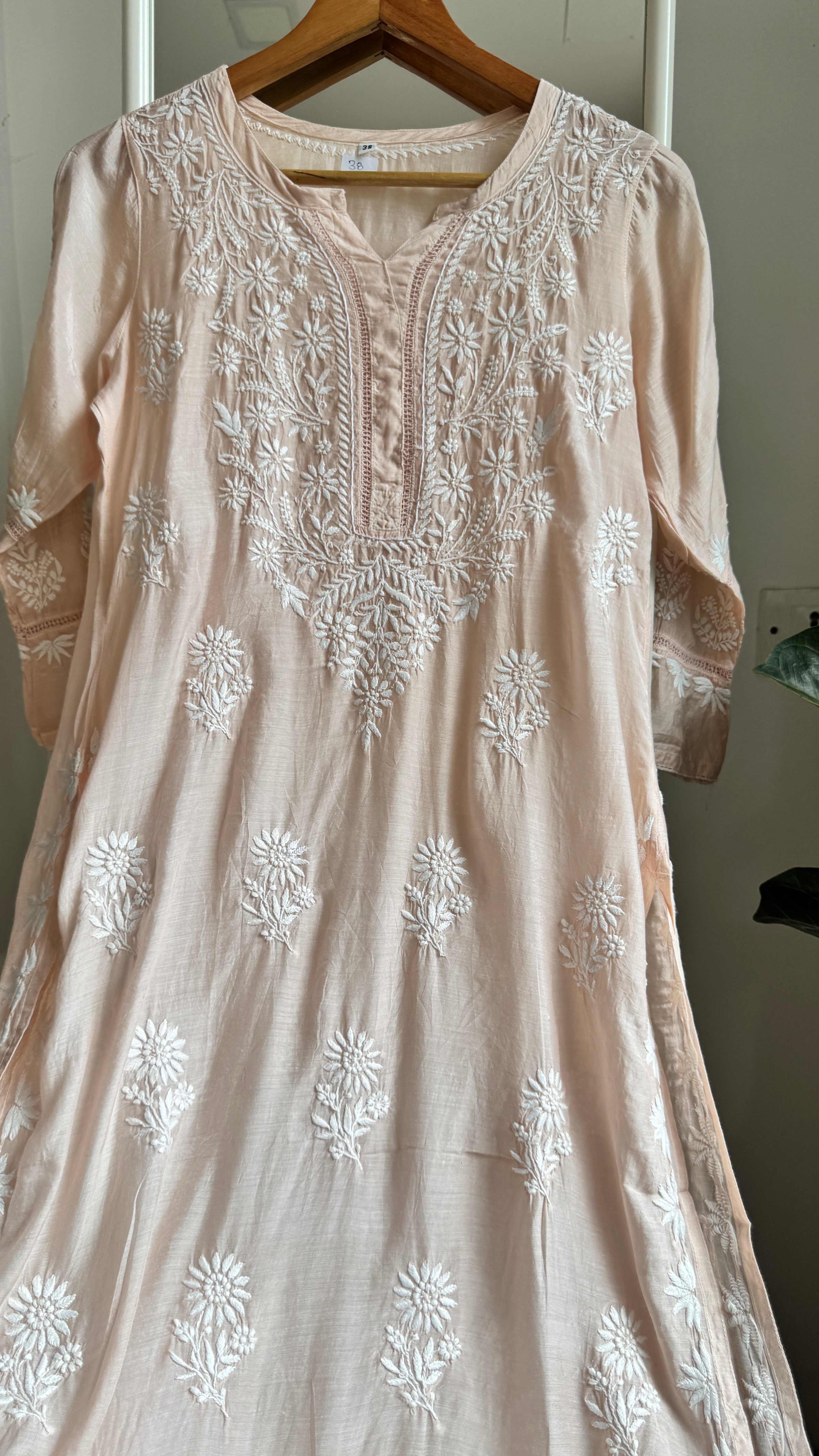 Muslin Chikankari Kurti with White Thread work - Blush Peach - Gulzar Collection