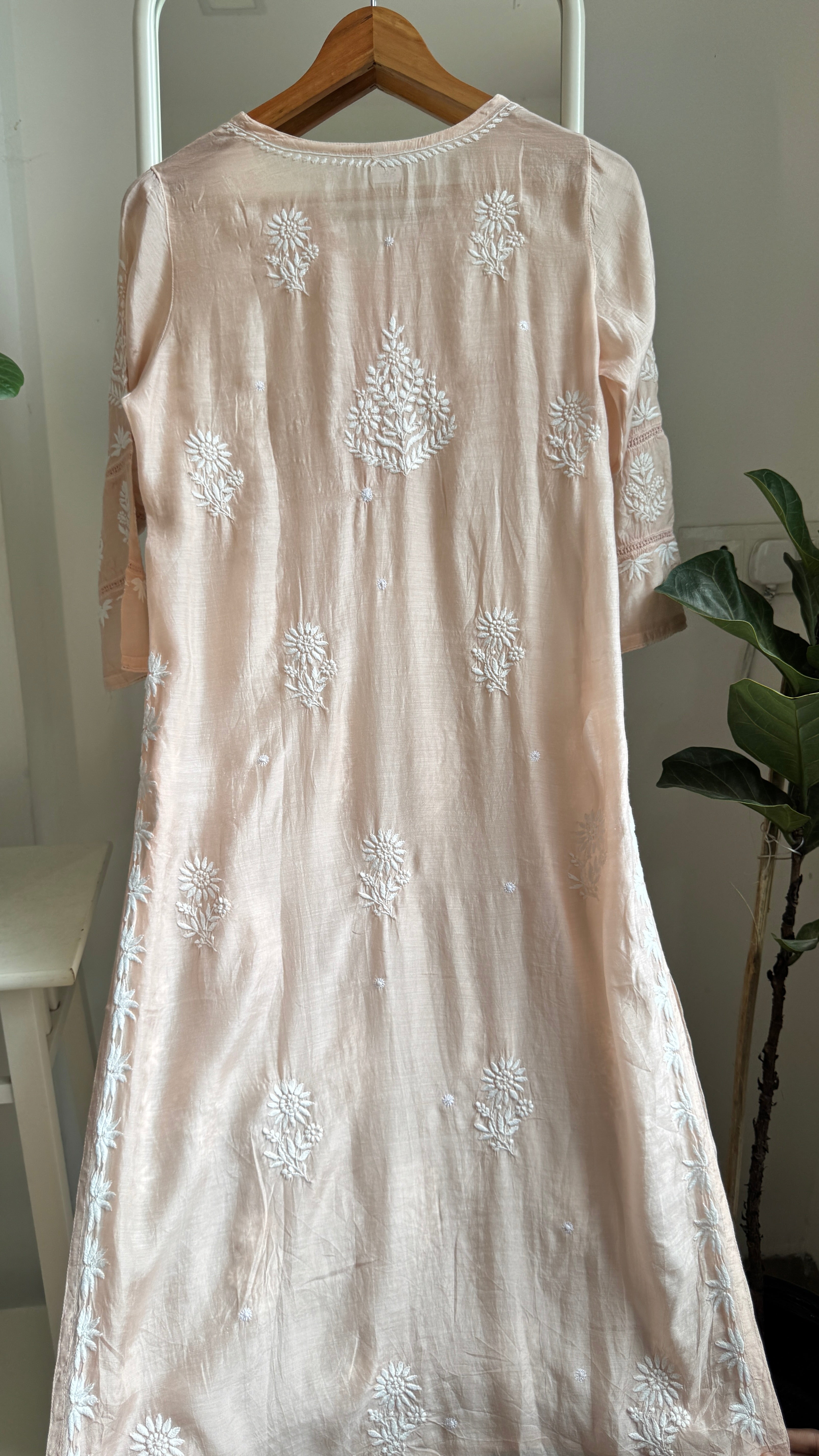 Muslin Chikankari Kurti with White Thread work - Blush Peach - Gulzar Collection