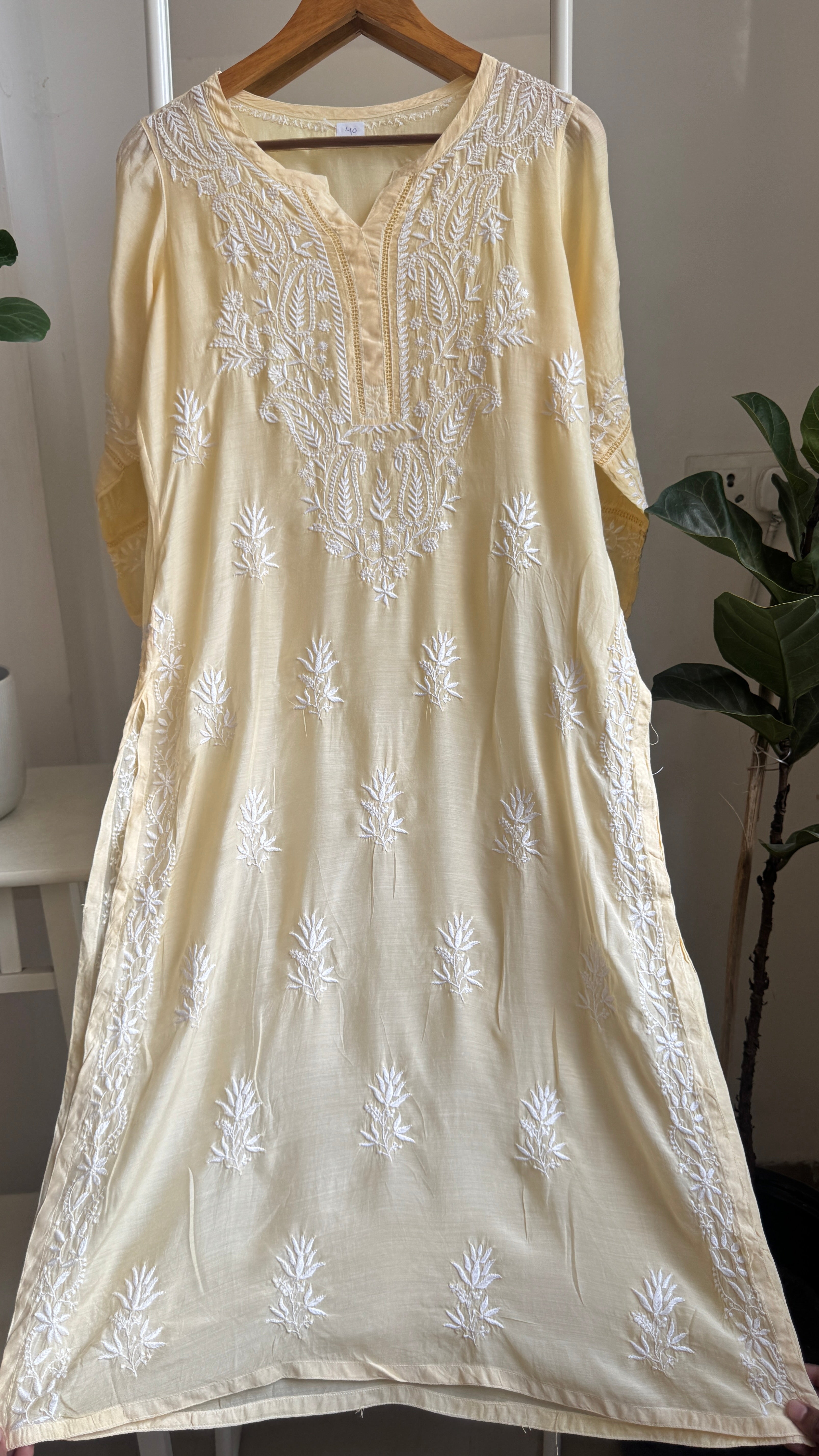 Muslin Chikankari Kurti with White Thread work - Cream Yellow - Gulzar Collection