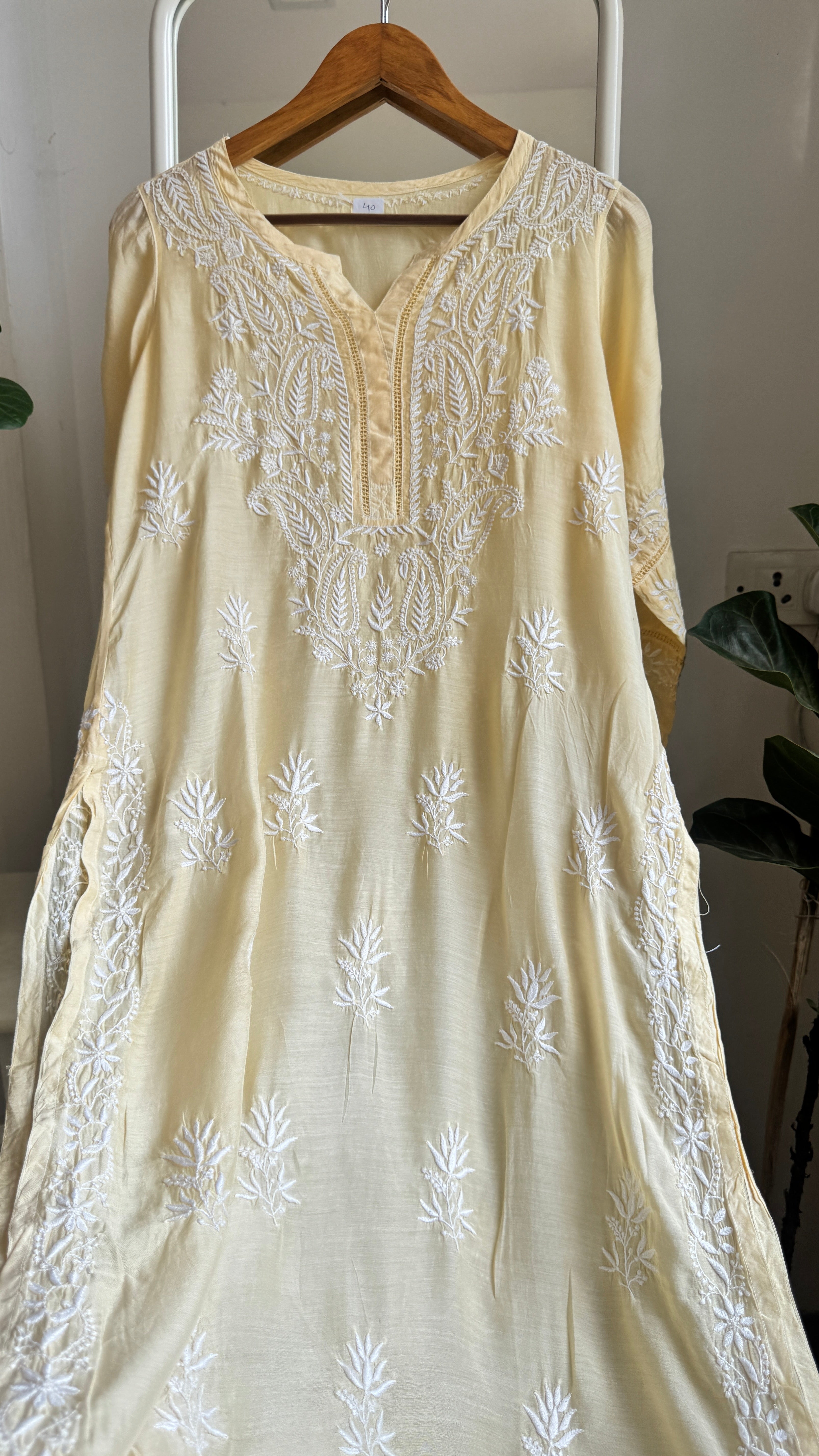 Muslin Chikankari Kurti with White Thread work - Cream Yellow - Gulzar Collection