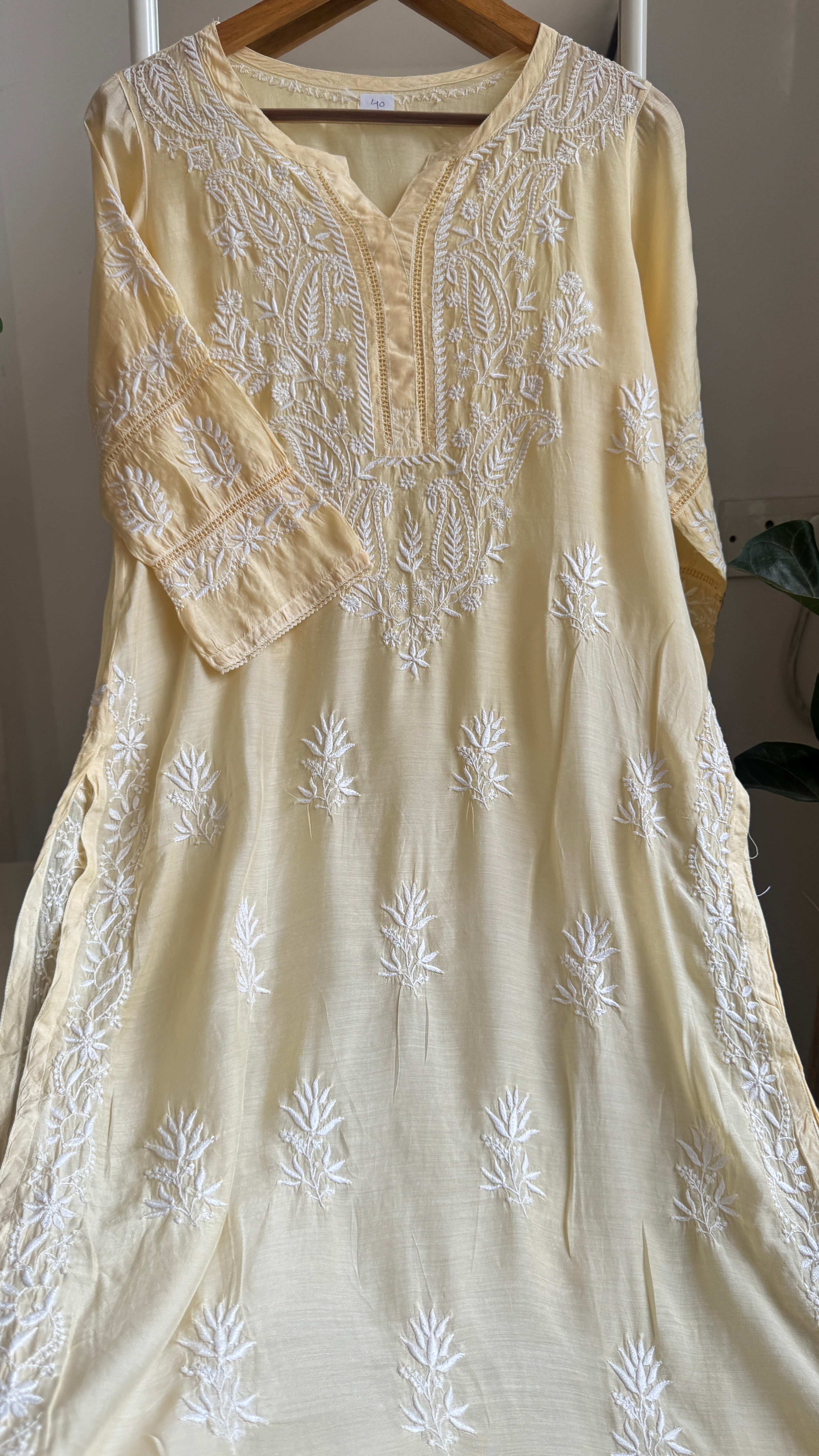 Muslin Chikankari Kurti with White Thread work - Cream Yellow - Gulzar Collection