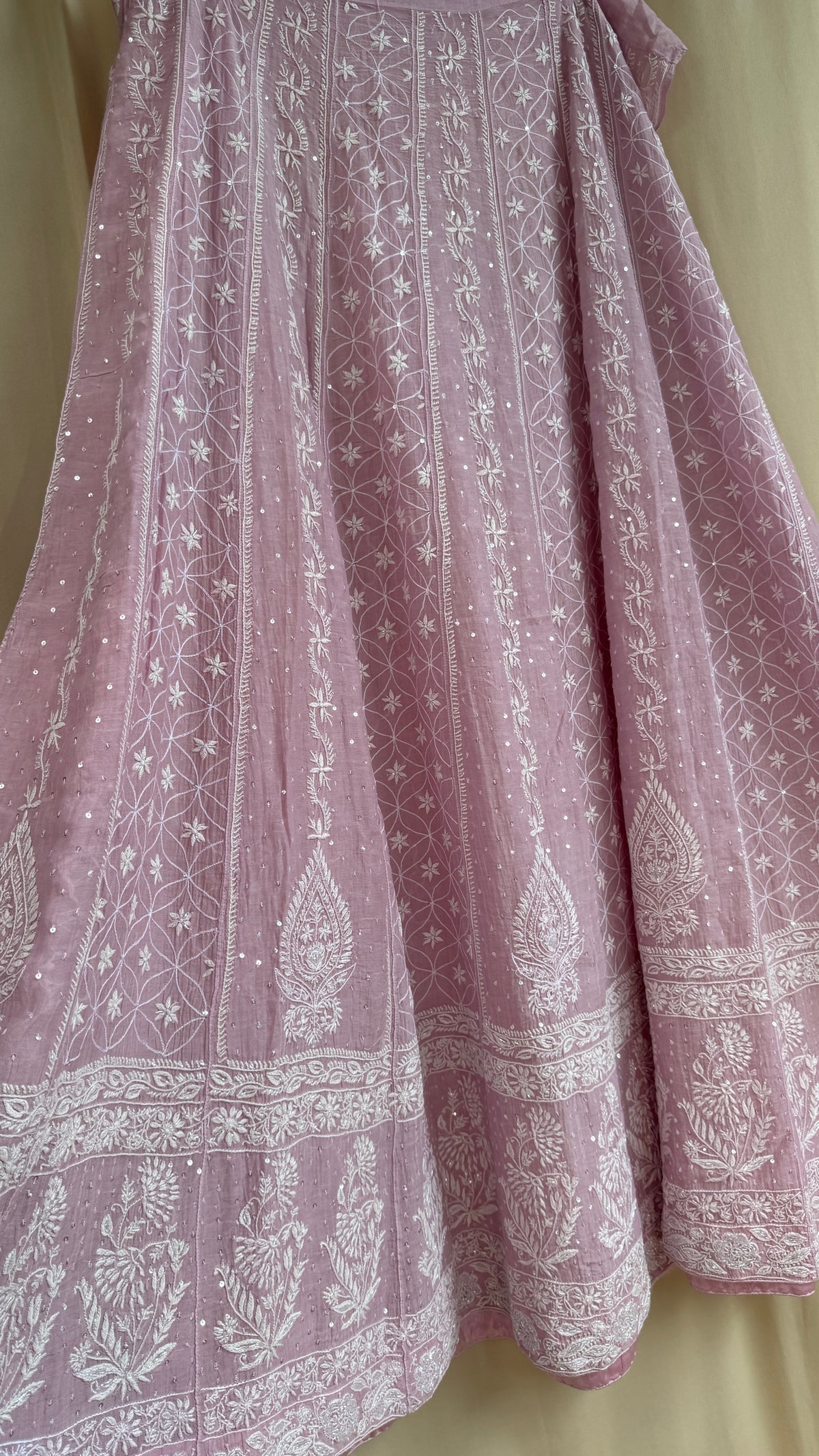 Mul Chanderi Chikankari Lehenga with Cutdana & Sequin Hand Embroidery in Mauve